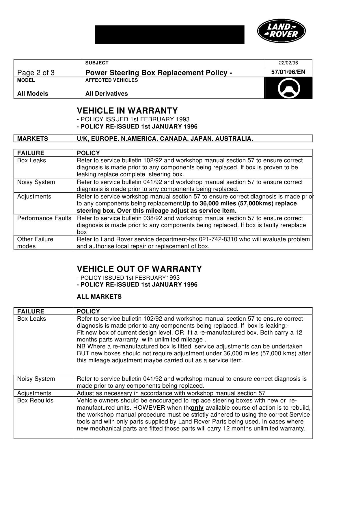 Power Steering Box Replacement Policy-Adwest – bulletin page 2