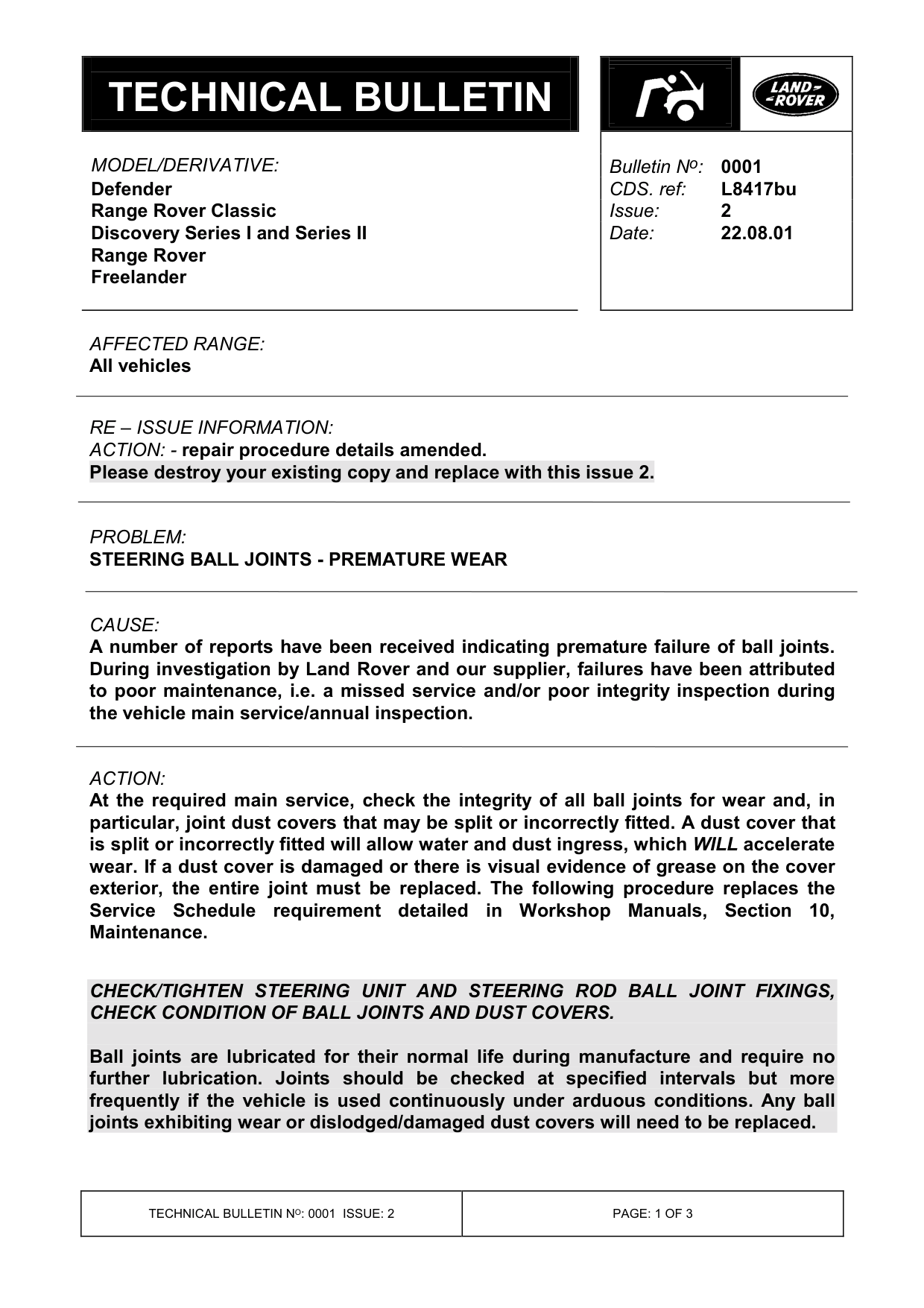 Steering Ball Joints - Premature Wear – bulletin page 1