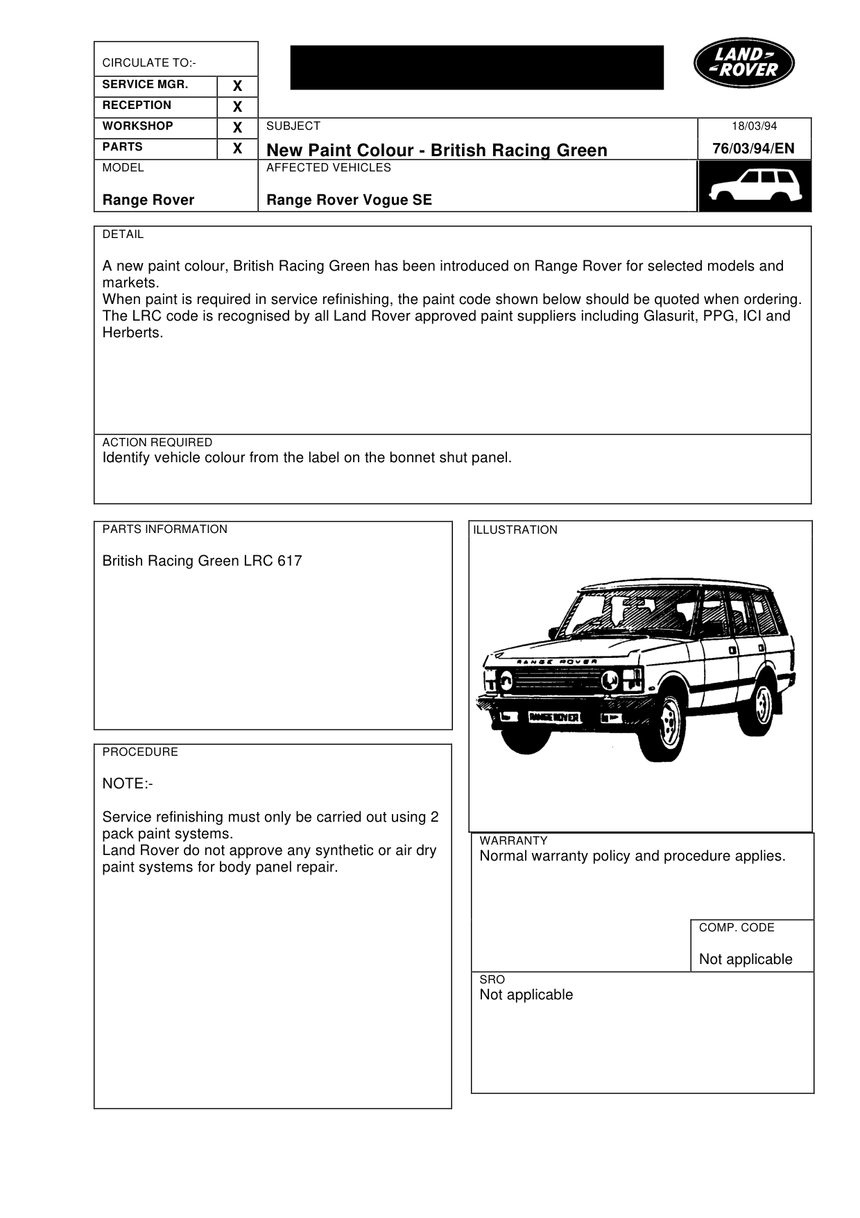 New Paint Colour-British Racing Green – bulletin page 1