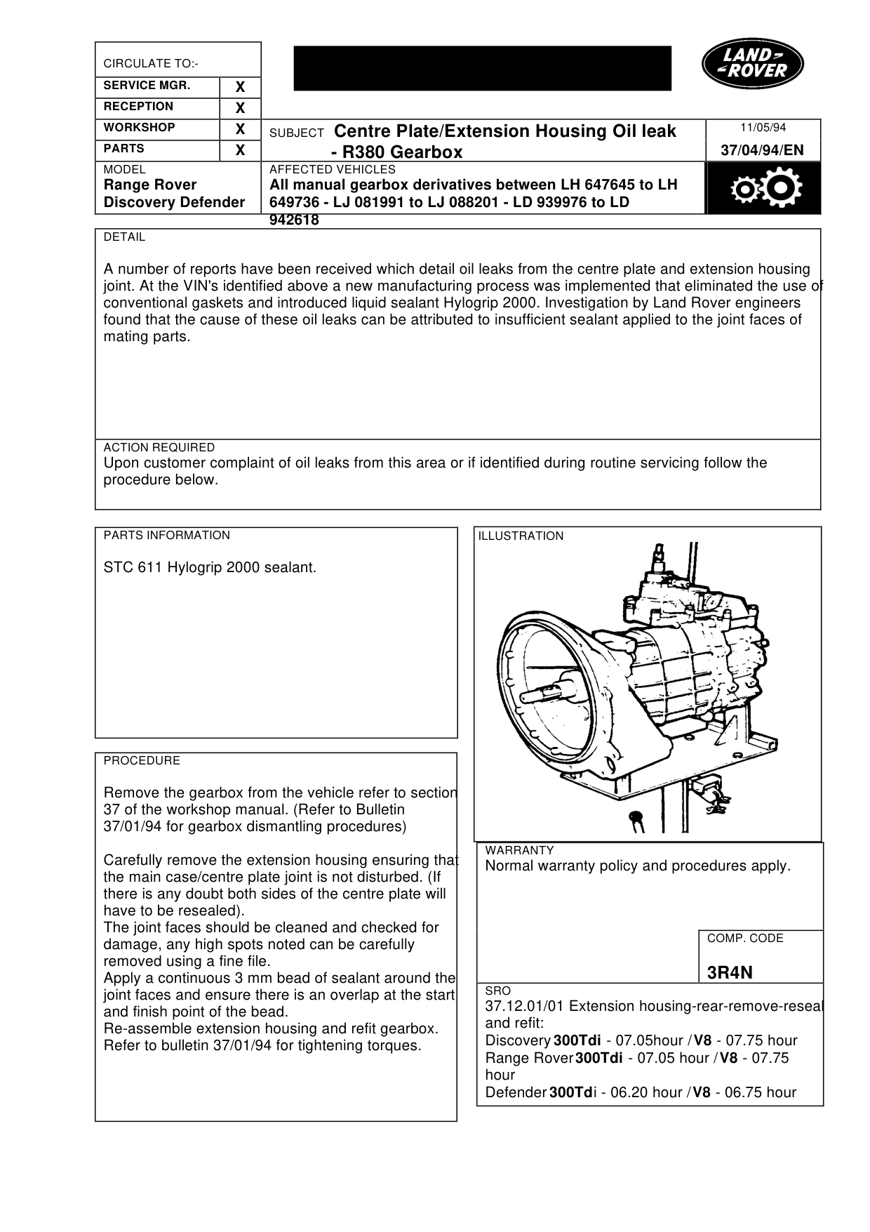 Centre Plate/Extension Housing Oi Leak – bulletin page 1