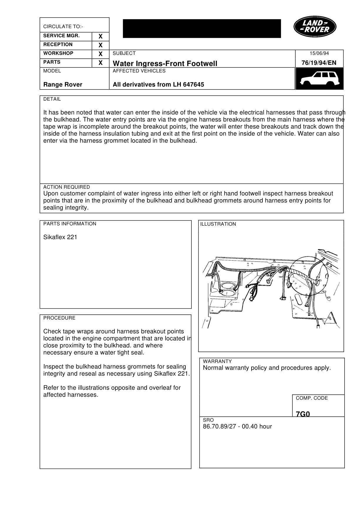 Water Ingress-Front Footwell – bulletin page 1
