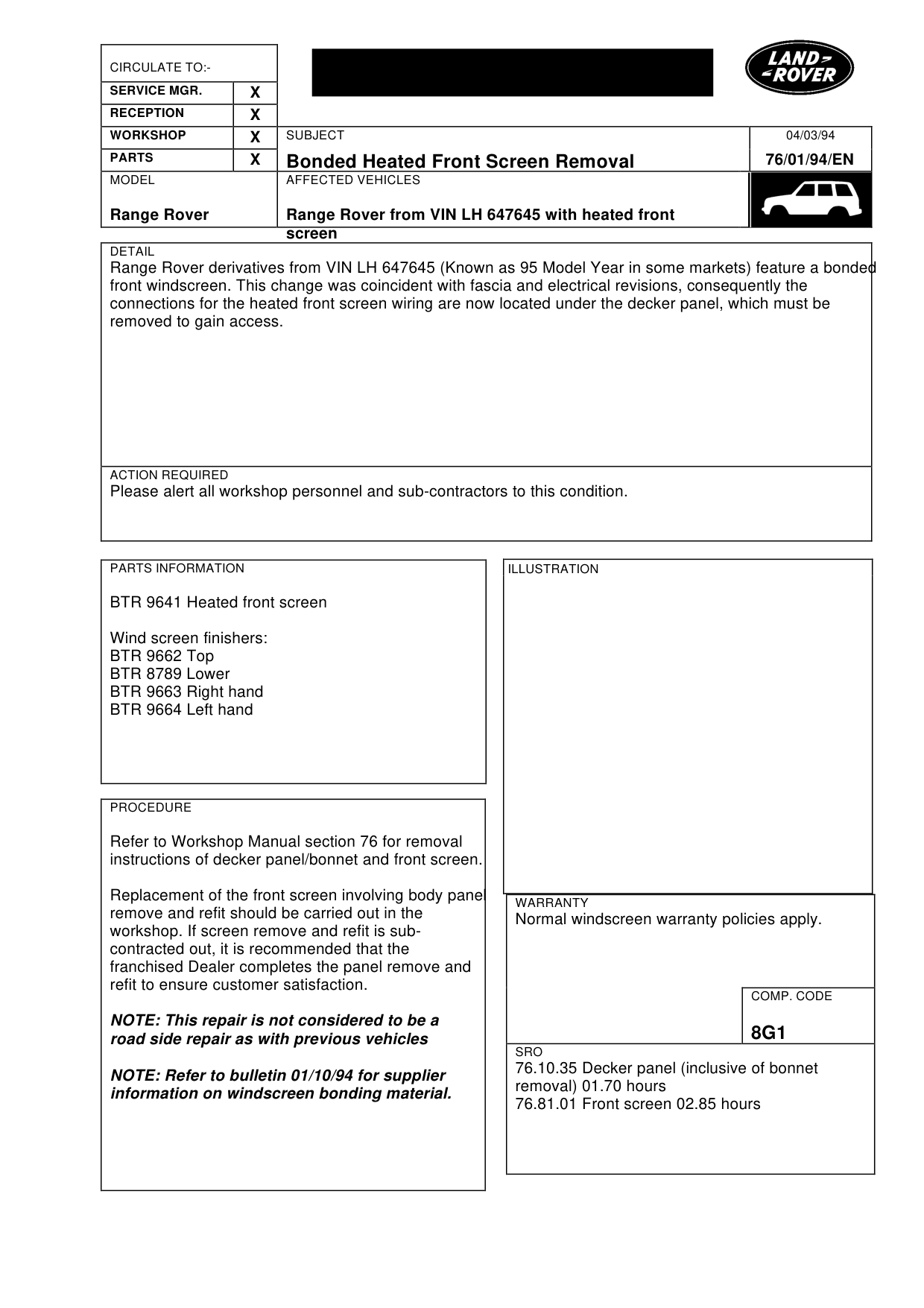Bonded Heated Front Screen Removal – bulletin page 1