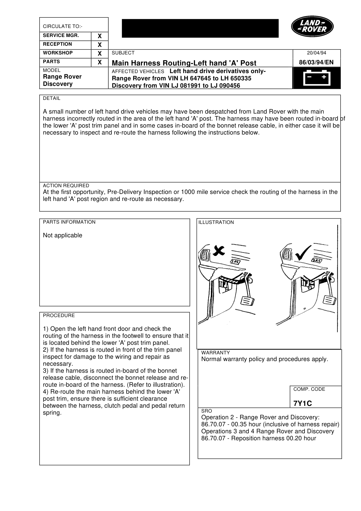 Main Harness Routing-Left Hand 'A' Post – bulletin page 1