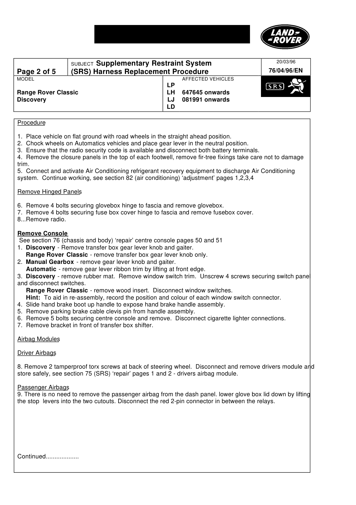 Supplementary Restraint System-(Srs) Harness Replacement Procedure – bulletin page 2