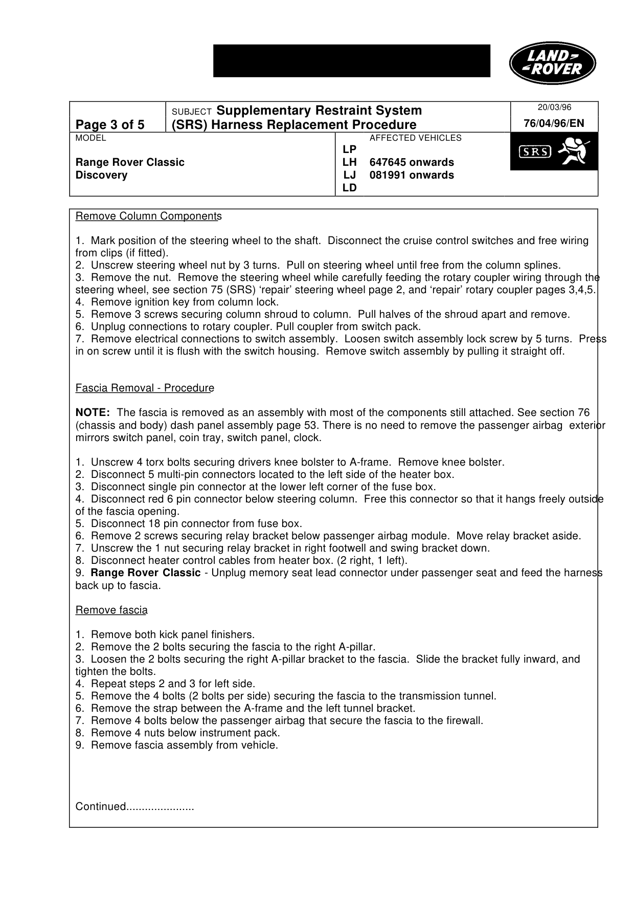 Supplementary Restraint System-(Srs) Harness Replacement Procedure – bulletin page 3