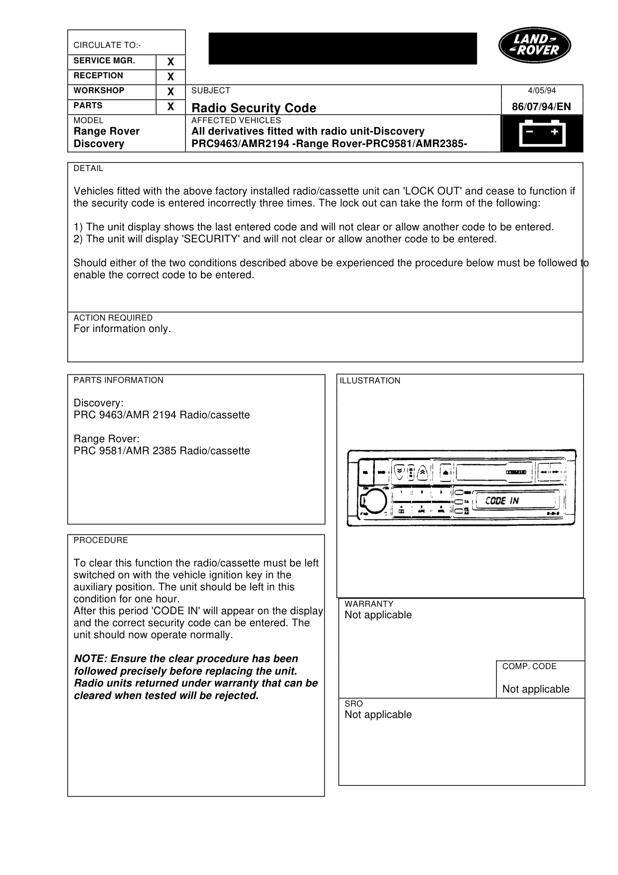 Radio Security Code-Lock Out – bulletin page 1