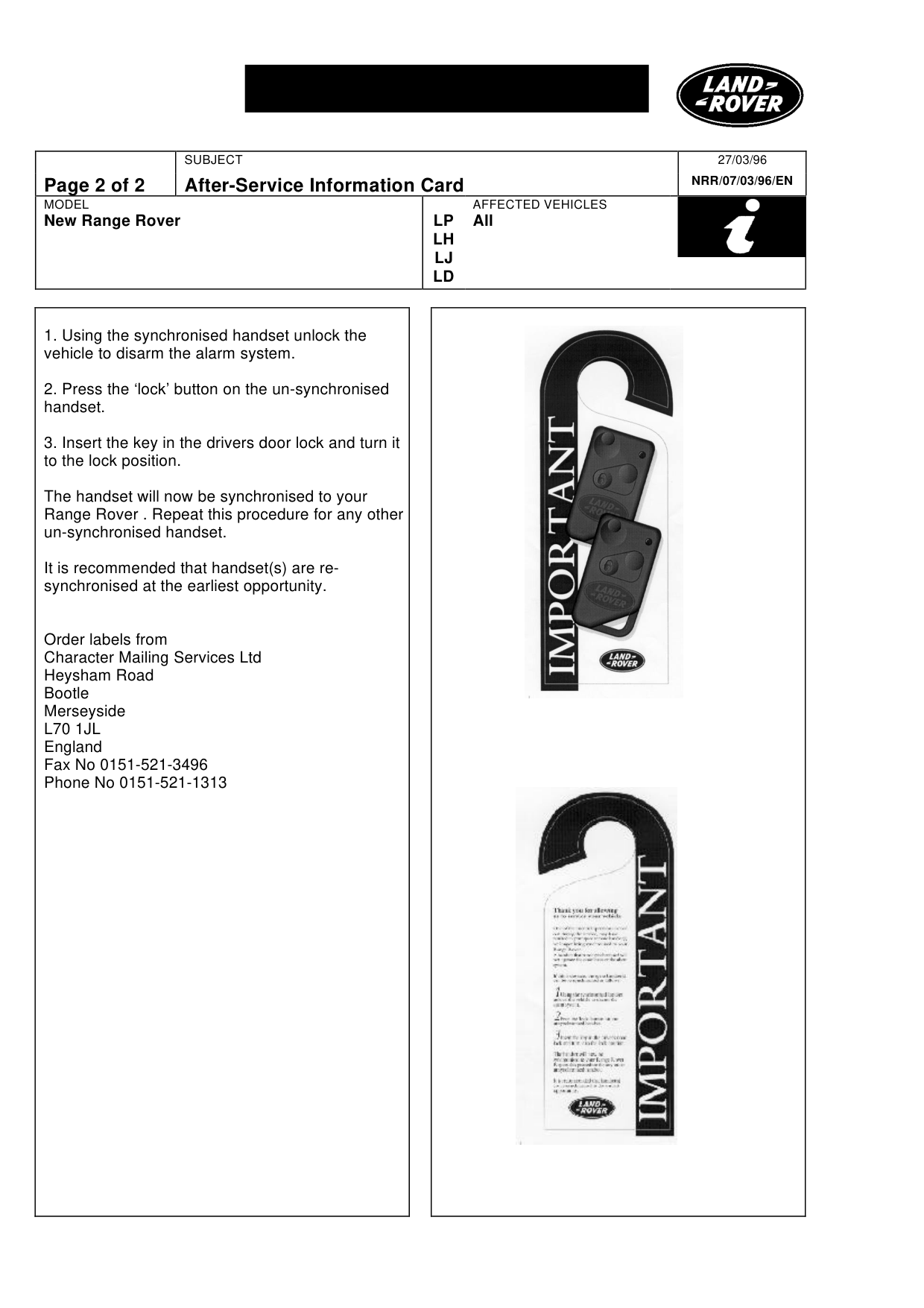 After Service Information Card – bulletin page 2