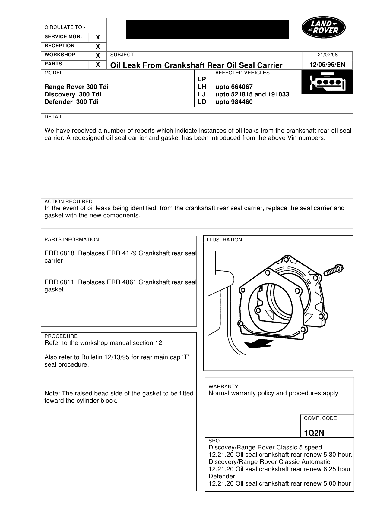 Oil Leak From Crankshaft Rear Oil Seal Carrier – bulletin page 1