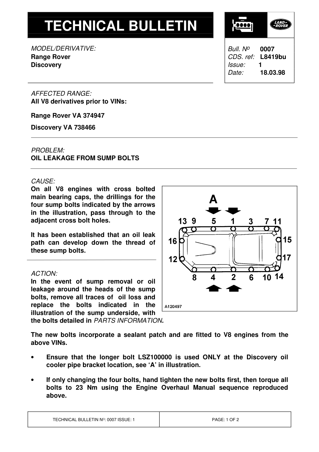 Oil Leakage From Sump Bolts – bulletin page 1