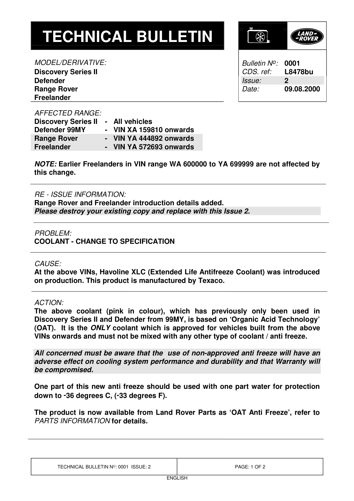 Coolant - Change To Specification – bulletin page 1