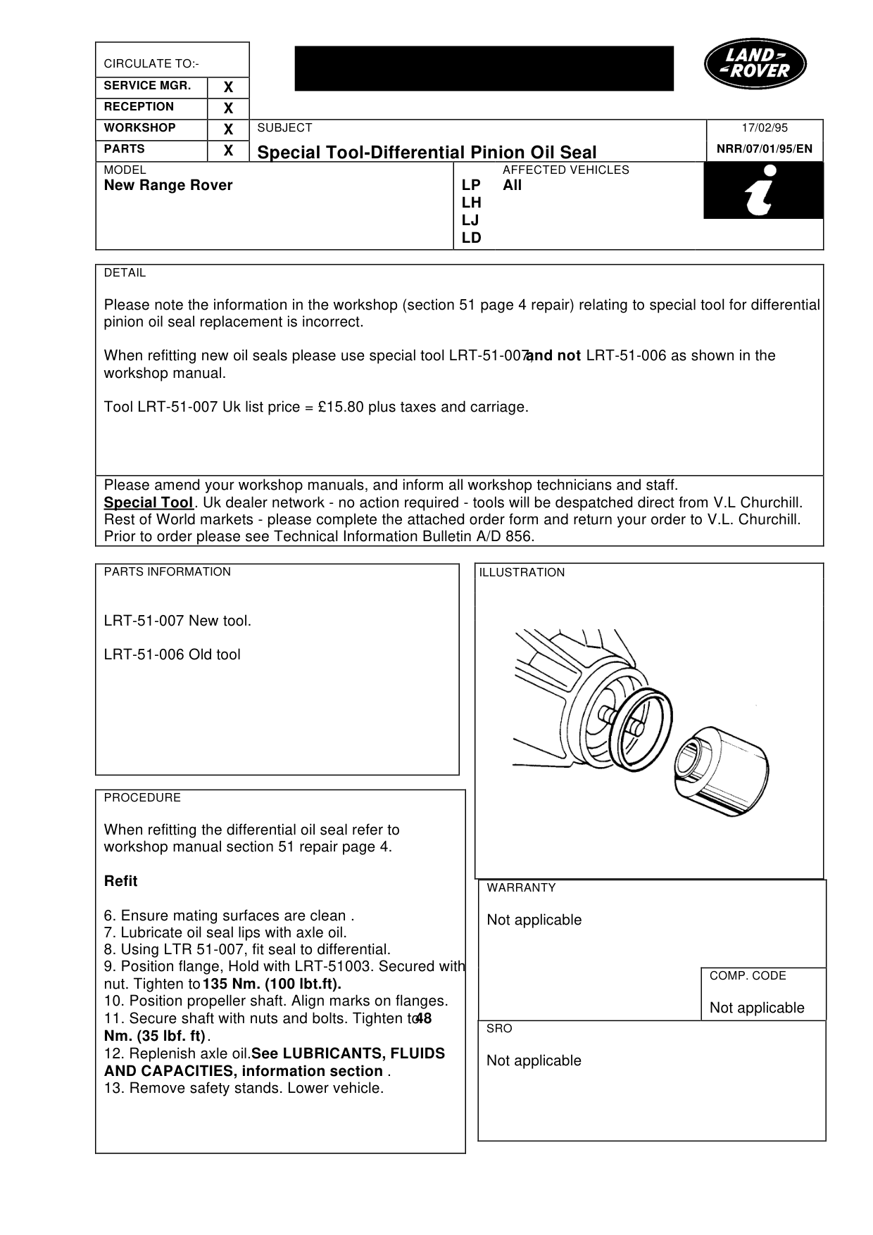 Special Tool - Differential Pinion Oil Seal – bulletin page 1