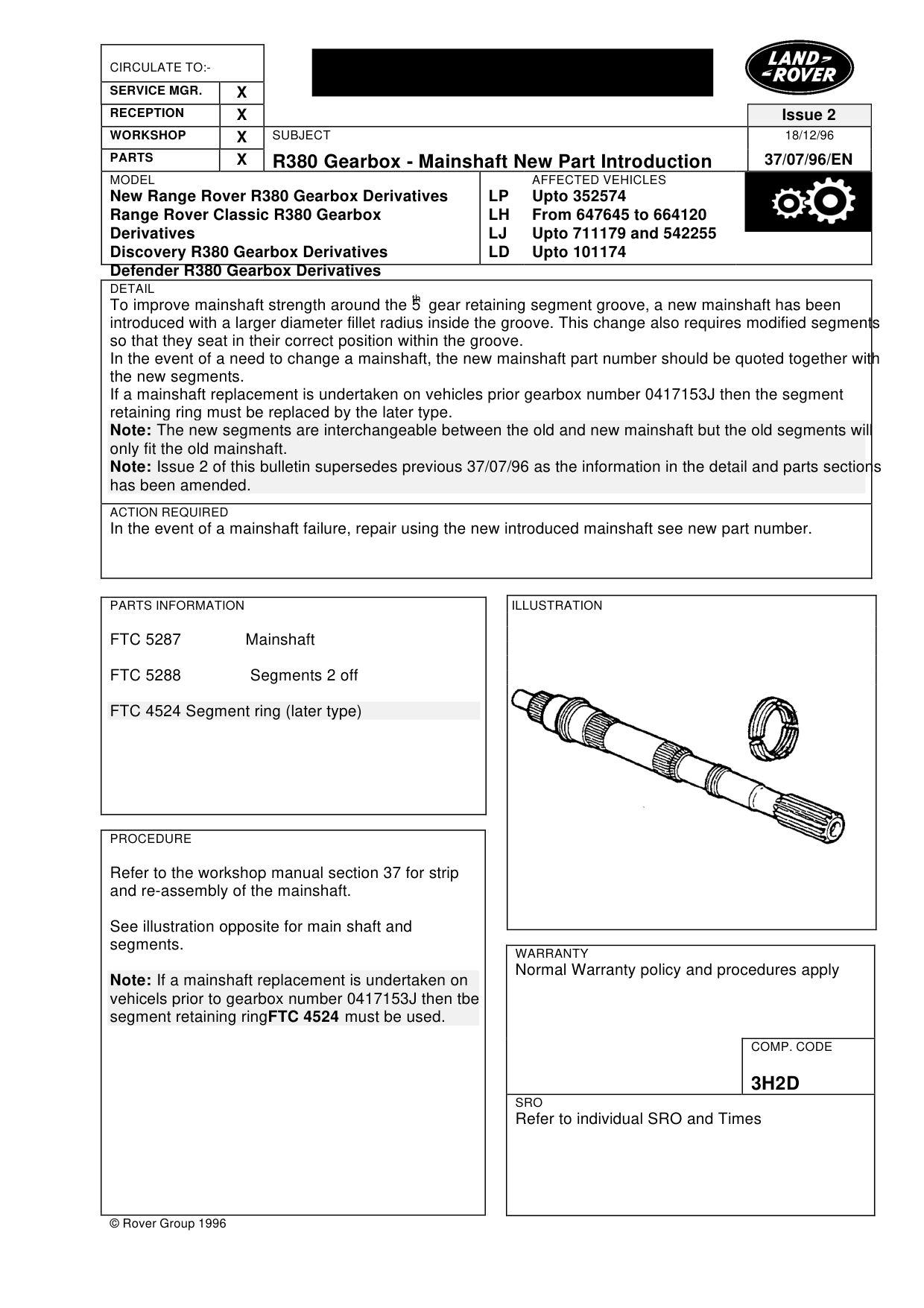 R380 Gearbox Mainshaft New Part Introduction – bulletin page 1