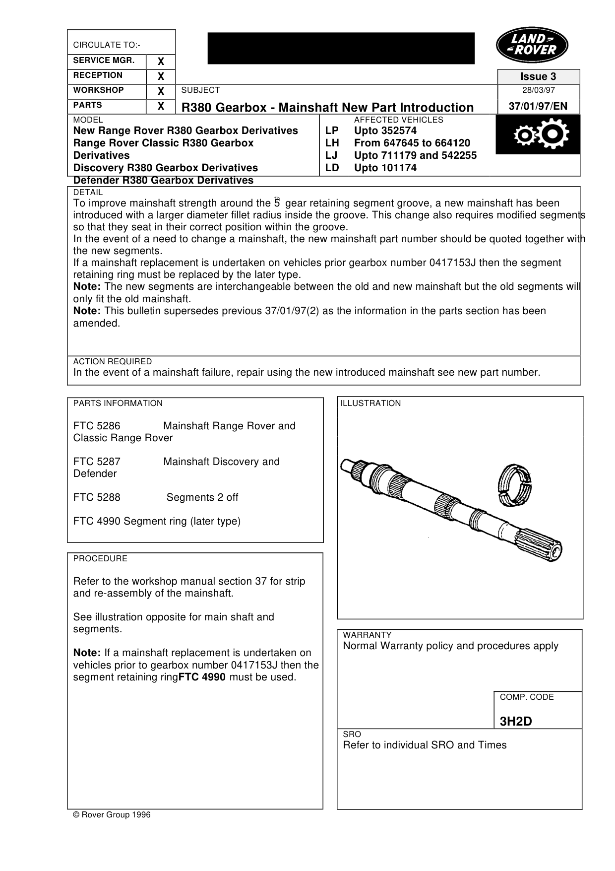 R380 Gearbox Mainshaft New Part Introduction – bulletin page 1