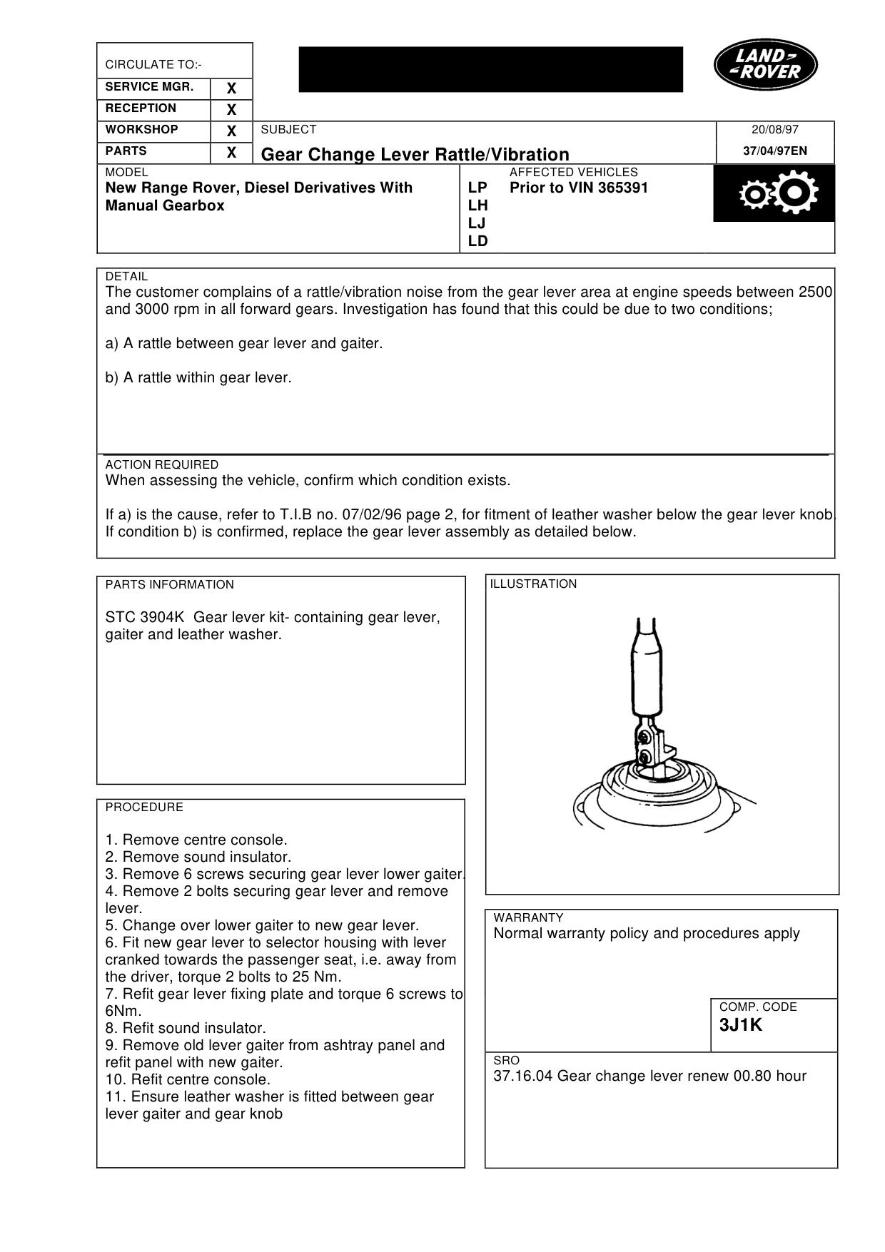 Gear Change Lever Rattle/Vibration – bulletin page 1