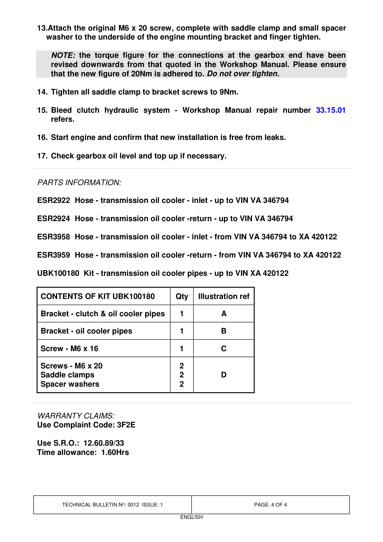 Oil Leakage From Transmission Oil Cooler Pipes – bulletin page 4