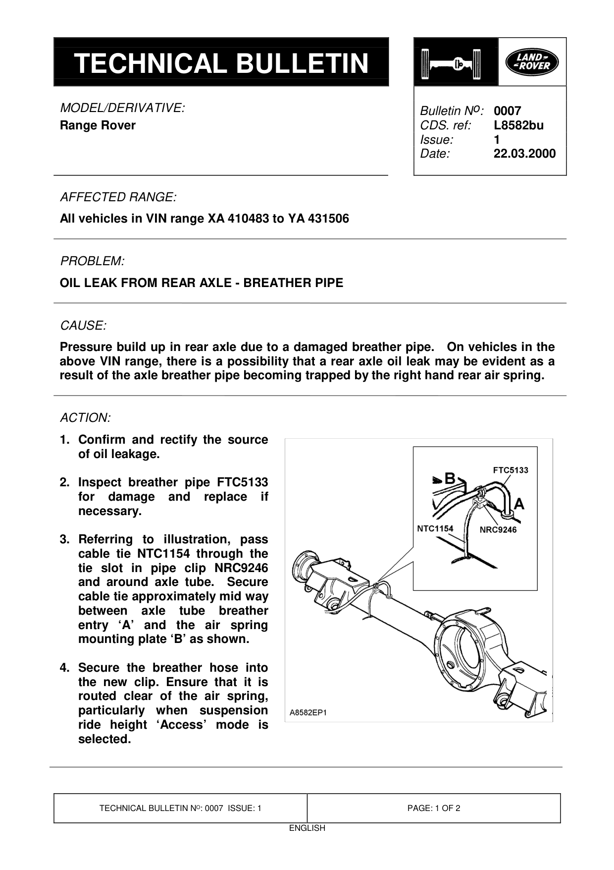Oil Leak From Rear Axle - Breather Pipe – bulletin page 1
