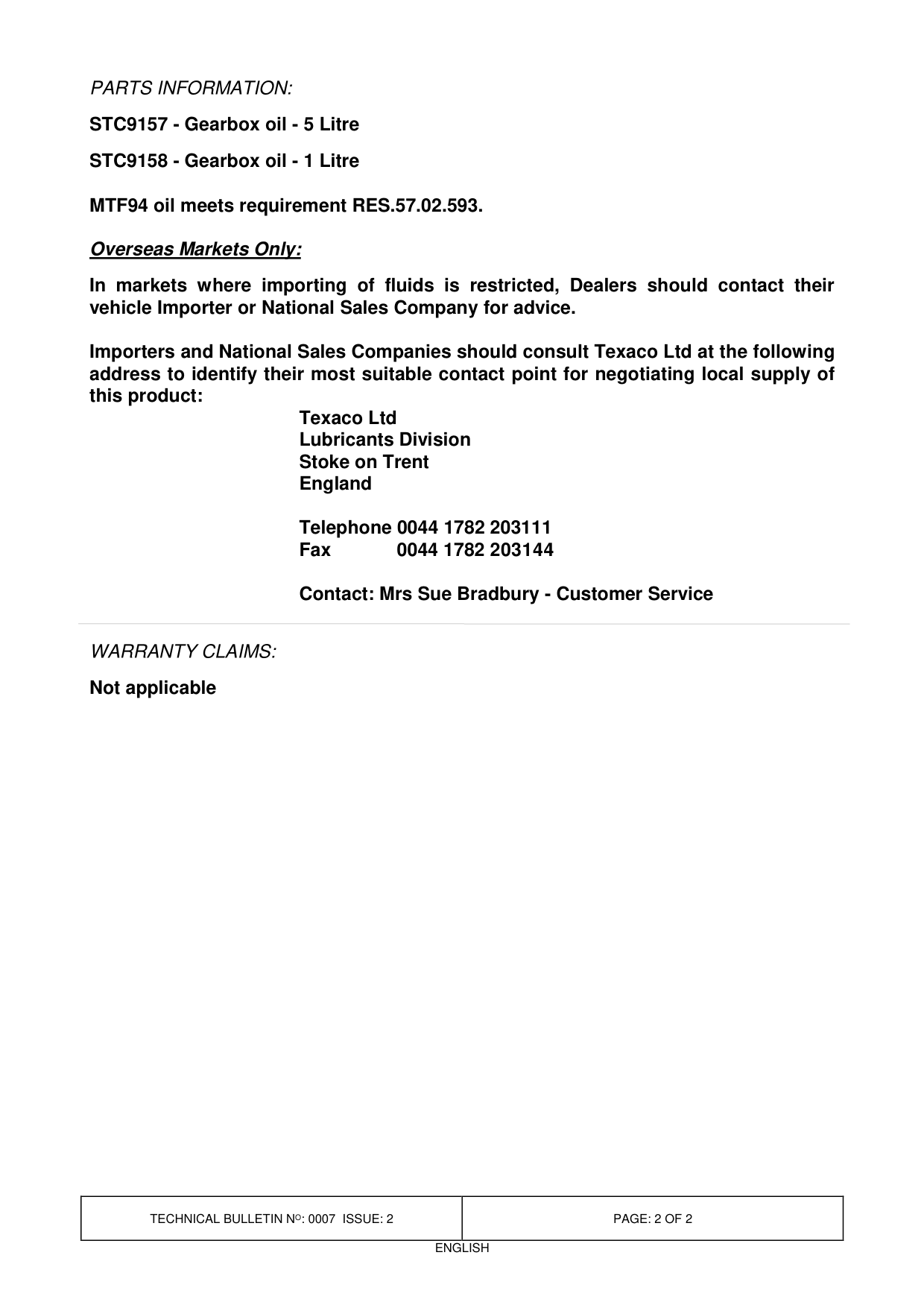 Gearbox Oil - Change To Specification – bulletin page 2