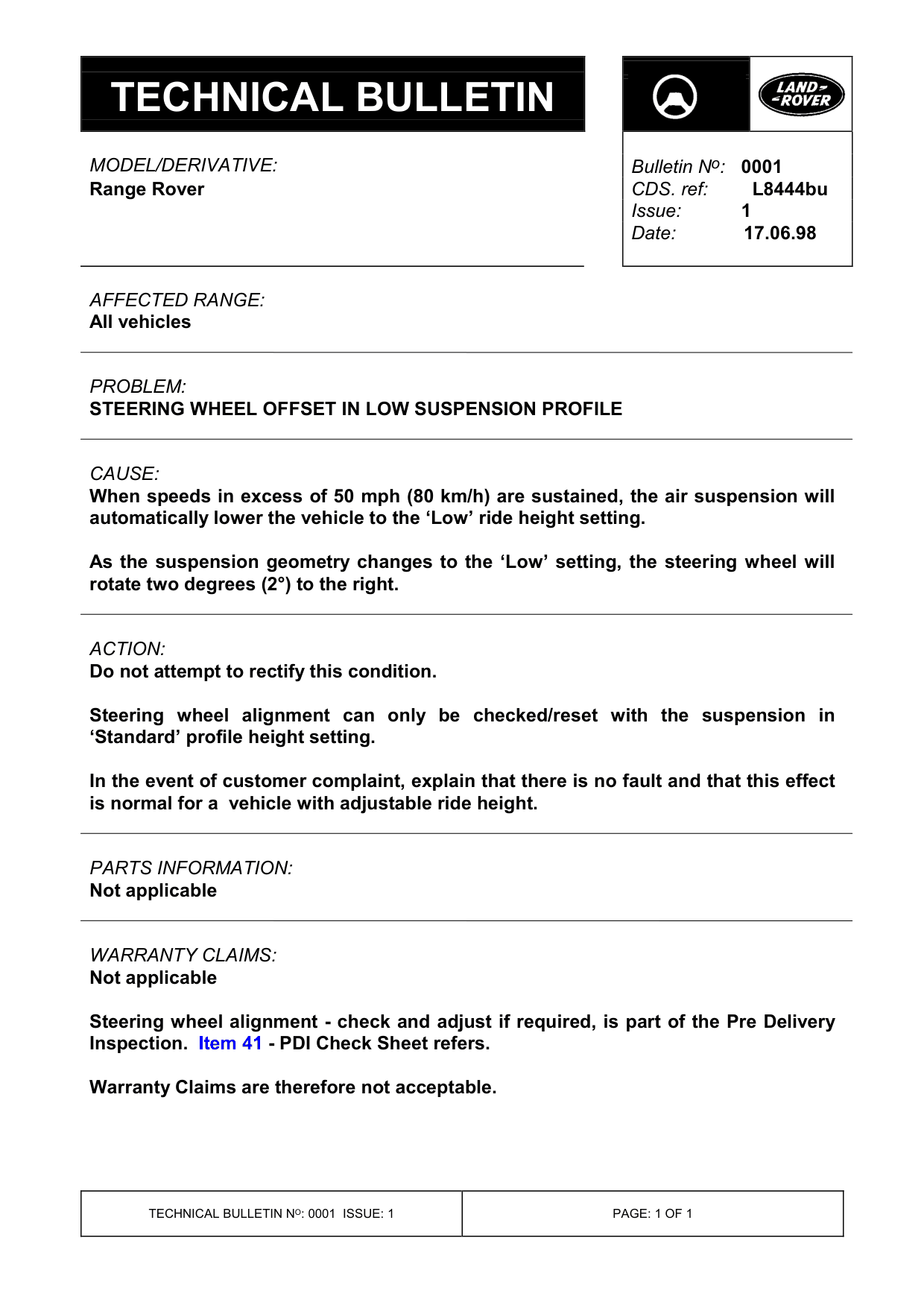 Steering Wheel Offset In Low Suspension Profile – bulletin page 1