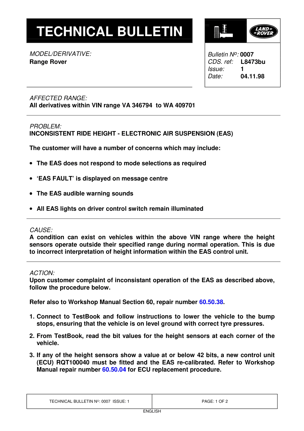 Inconsistent Ride Height - Electronic Air Suspension (Eas) – bulletin page 1