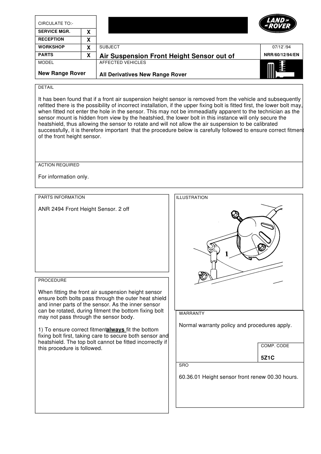 Electronic Air Suspension Front Height Sensor – bulletin page 1