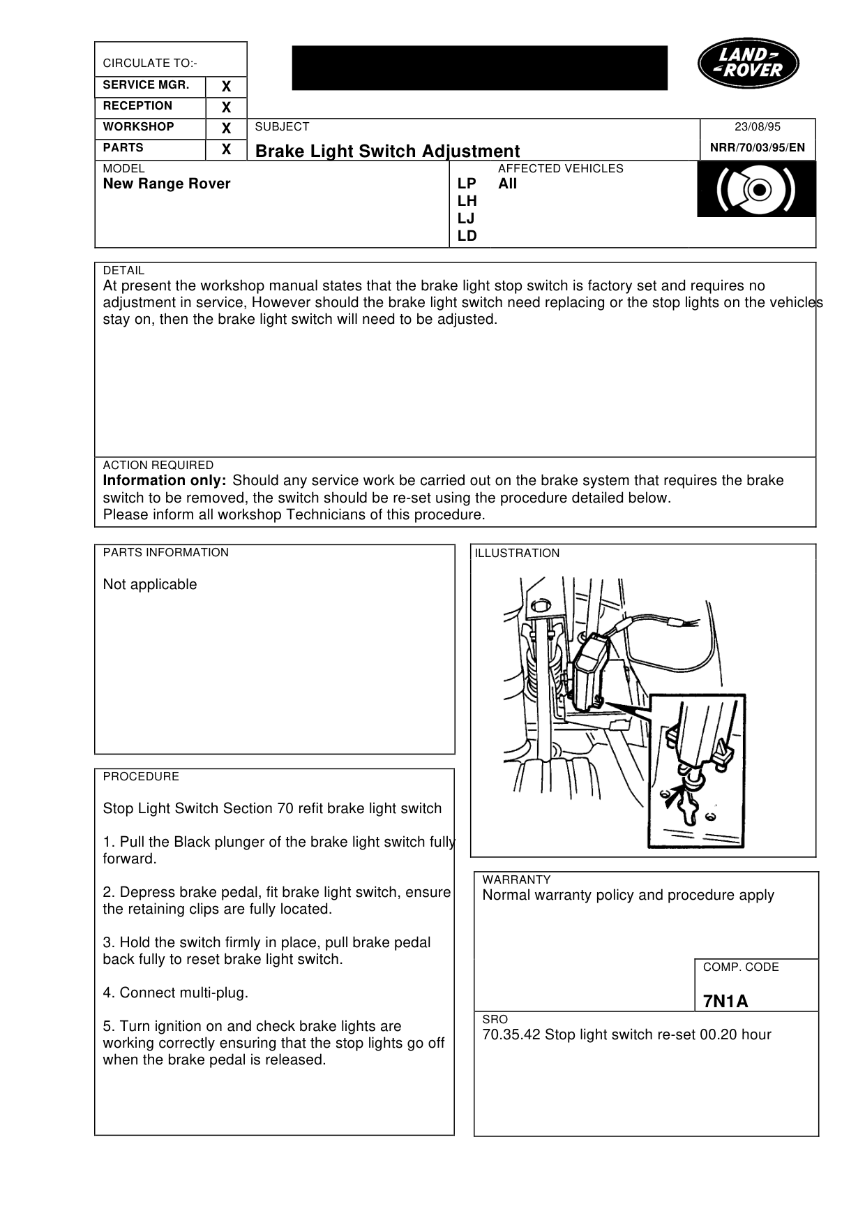 Brake Light Switch Adjustment – bulletin page 1
