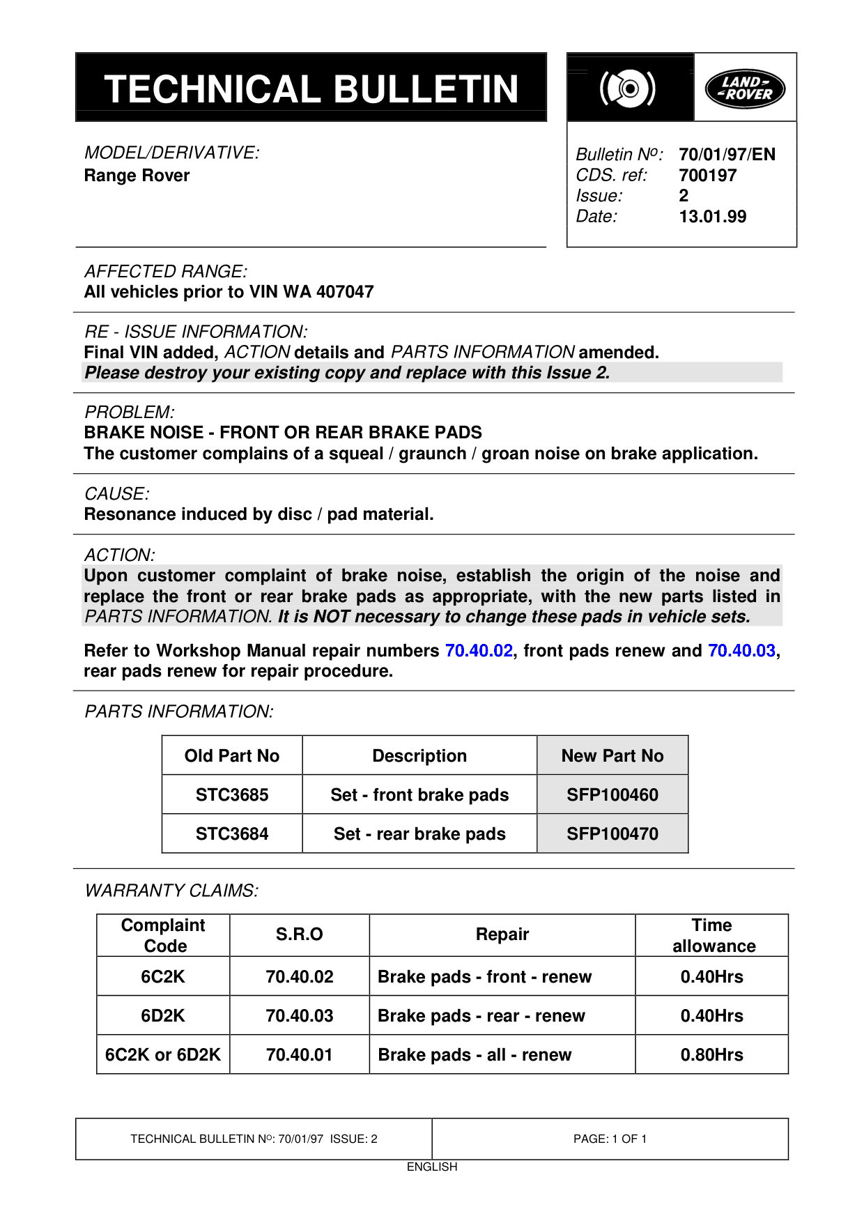 Brake Noise - Front Or Rear Brake Pads – bulletin page 1