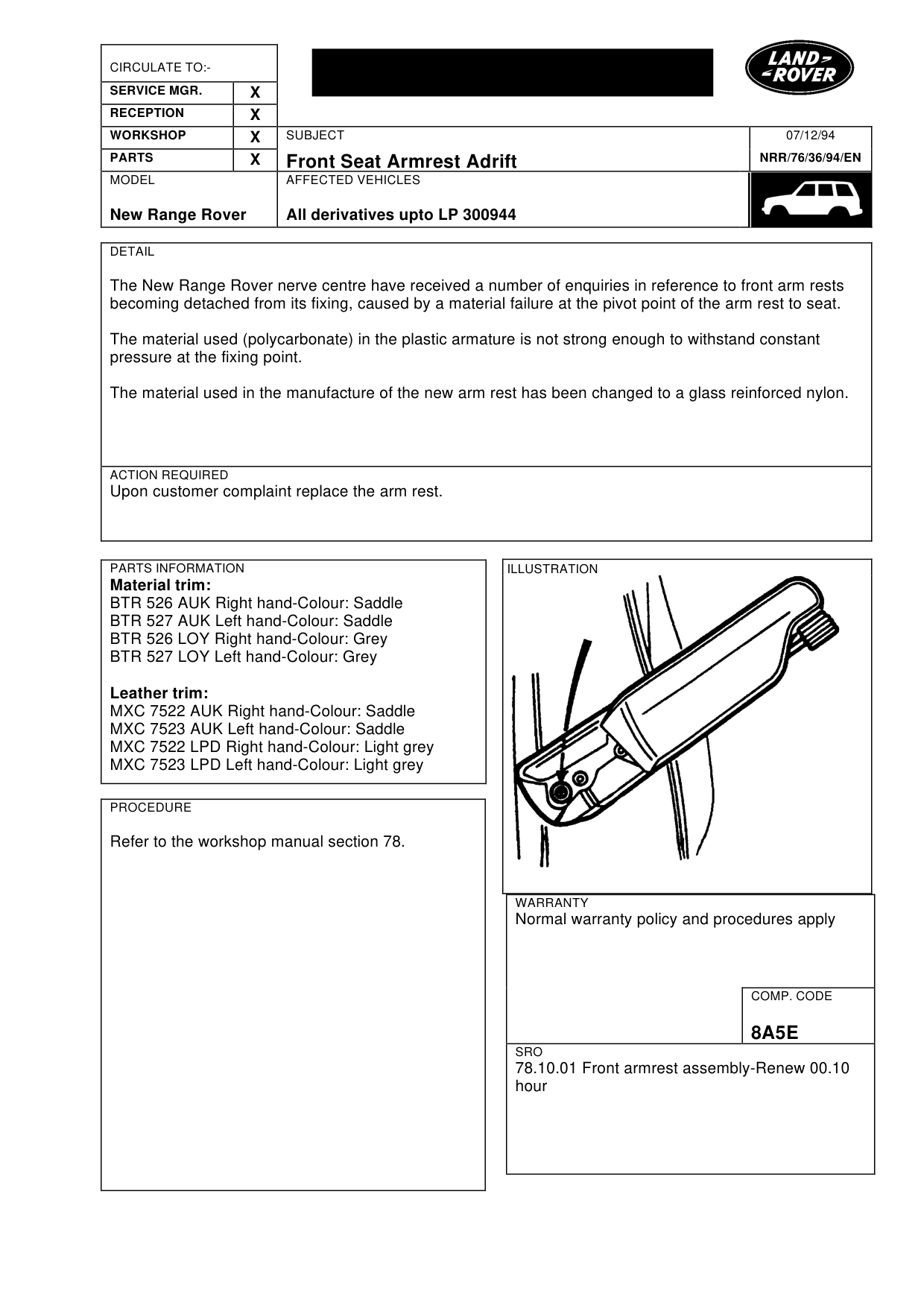 Front Seat Arm Rest Adrift – bulletin page 1