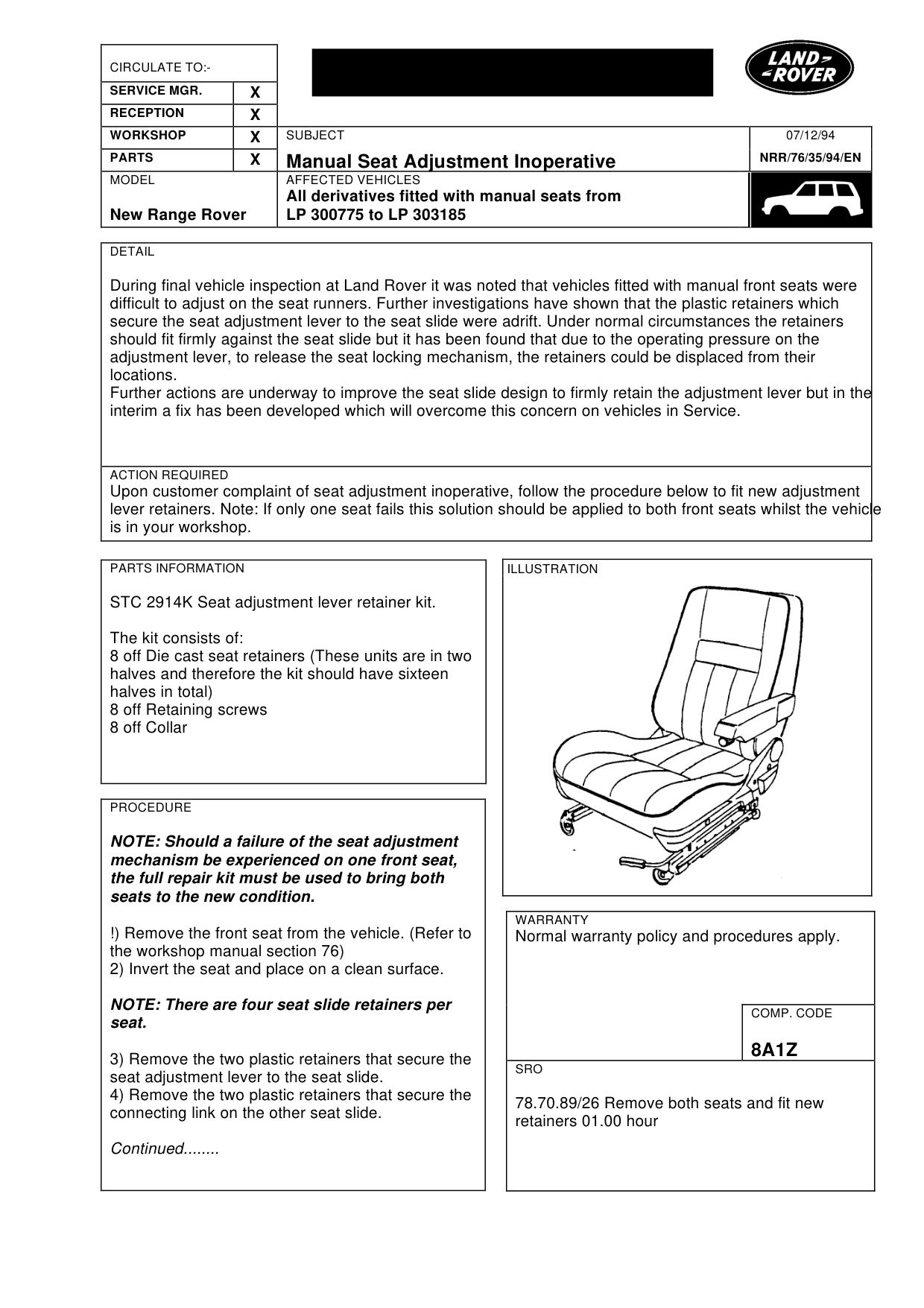 Manual Seat Adjustment Inoperative – bulletin page 1