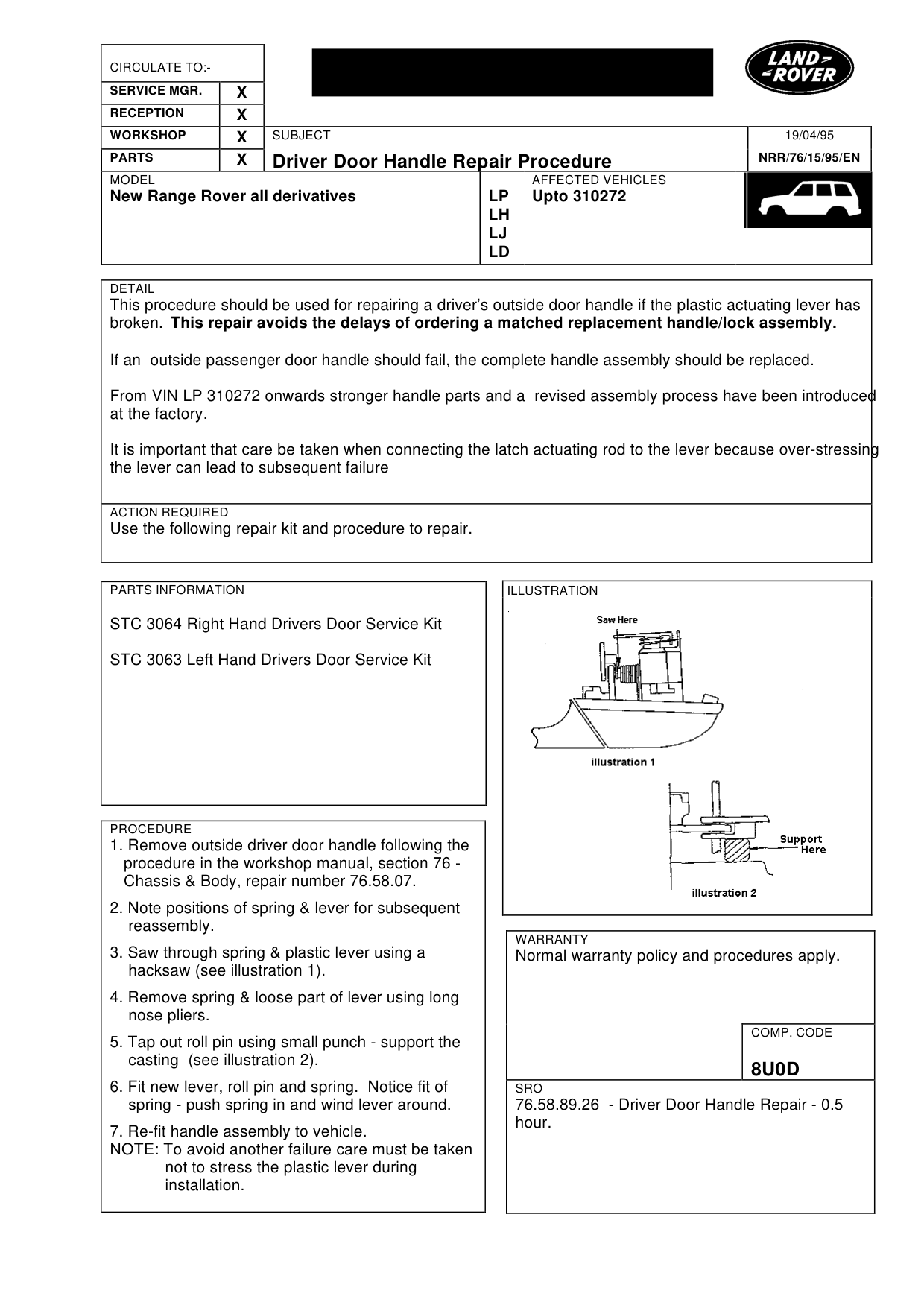 Driver Door Handle Repair Procedure – bulletin page 1