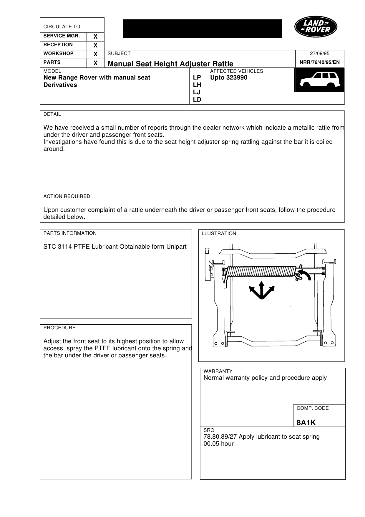 Manual Seat Height Adjuster Rattle – bulletin page 1