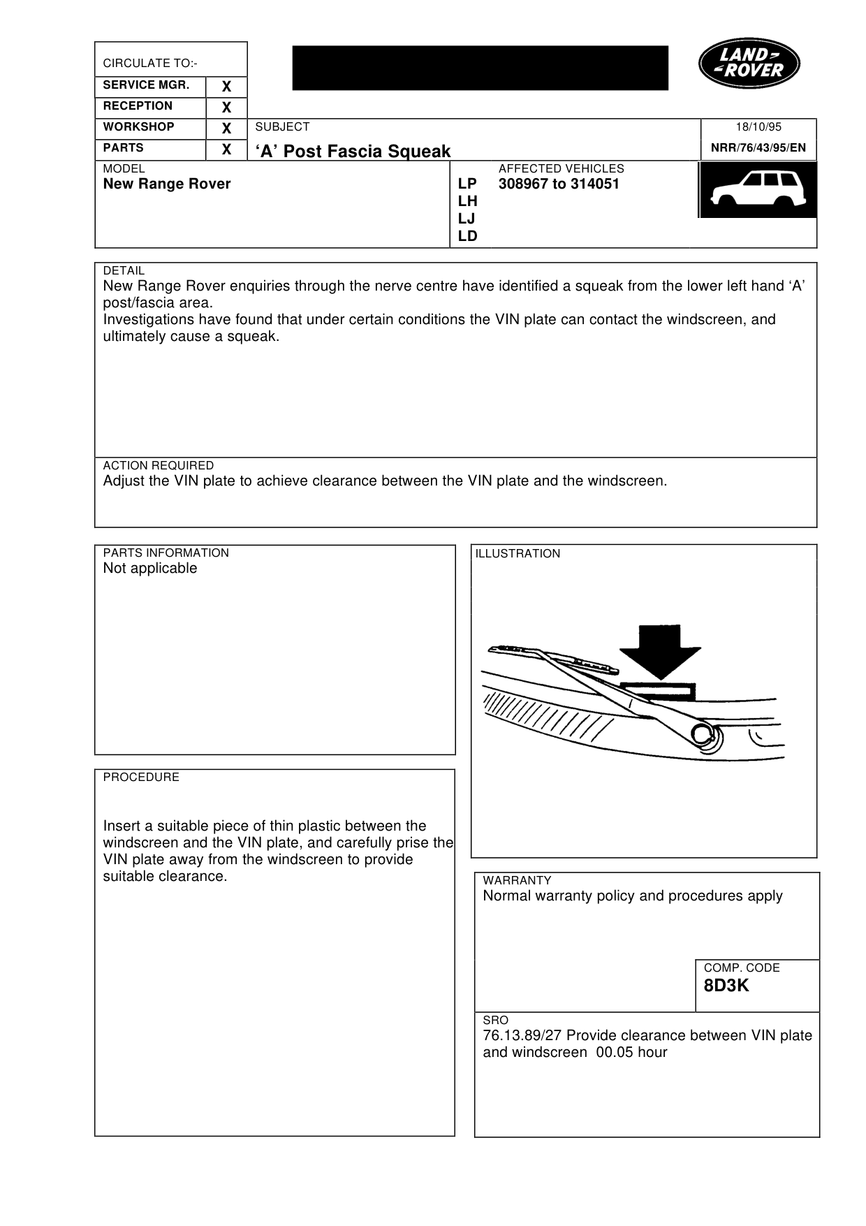 ‘A’ Post Fascia Squeak – bulletin page 1