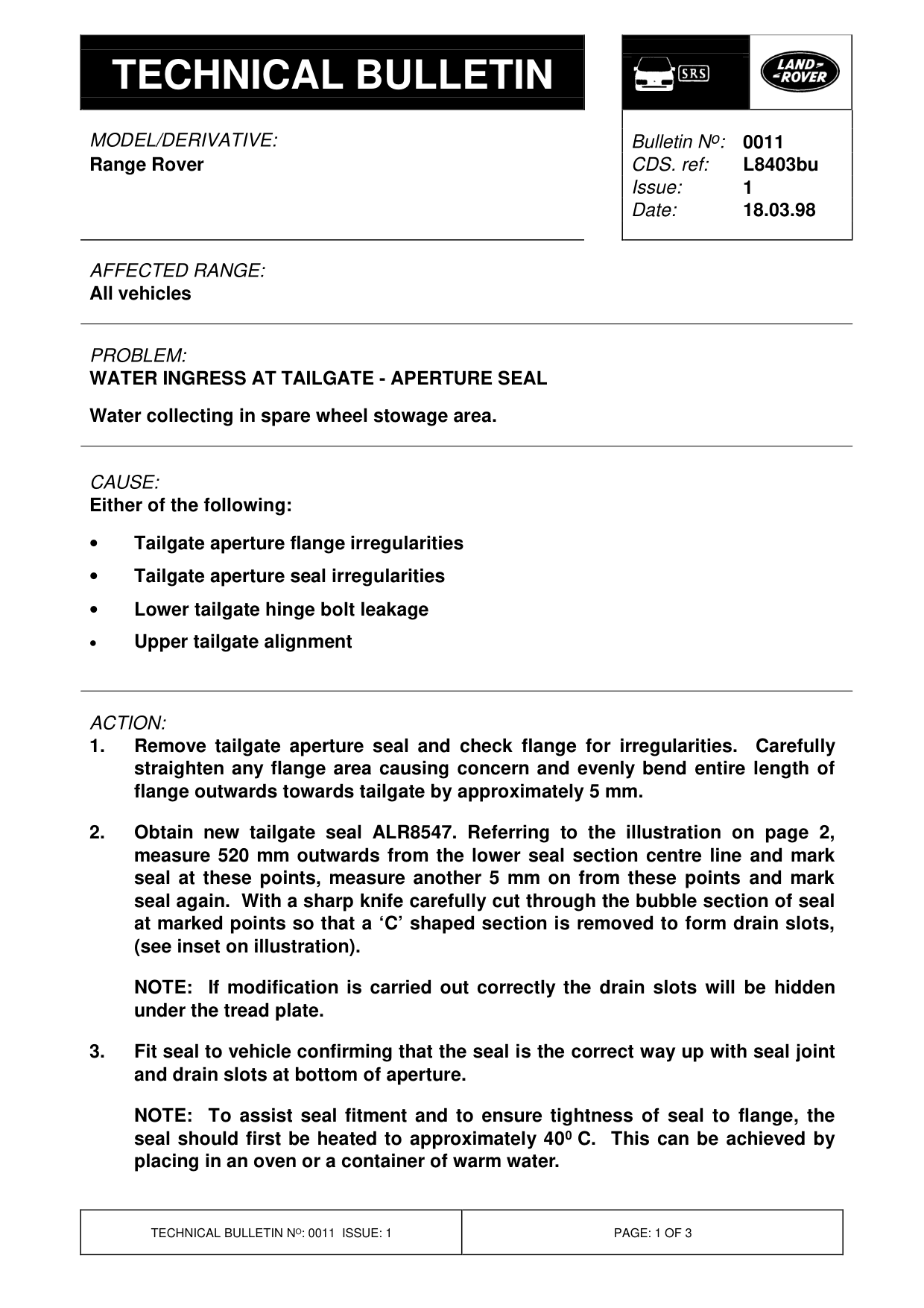 Water Ingress At Tailgate - Aperture Seal – bulletin page 1