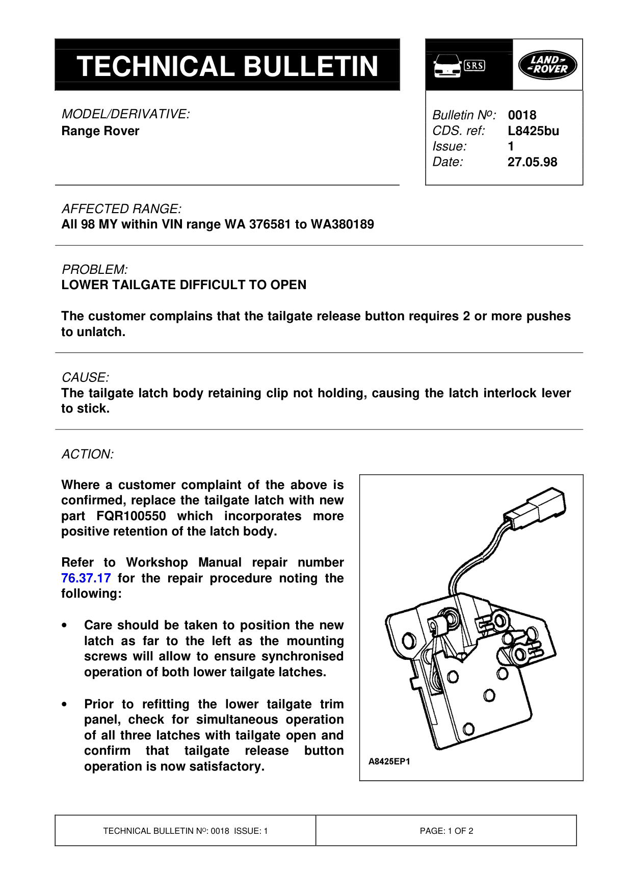 Lower Tailgate Difficult To Open – bulletin page 1