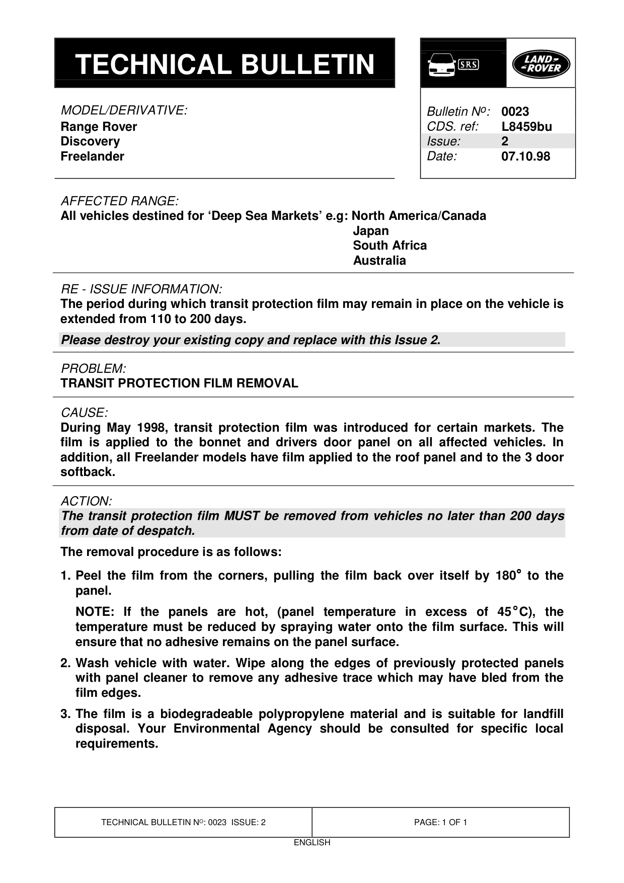 Transit Protection Film Removal – bulletin page 1
