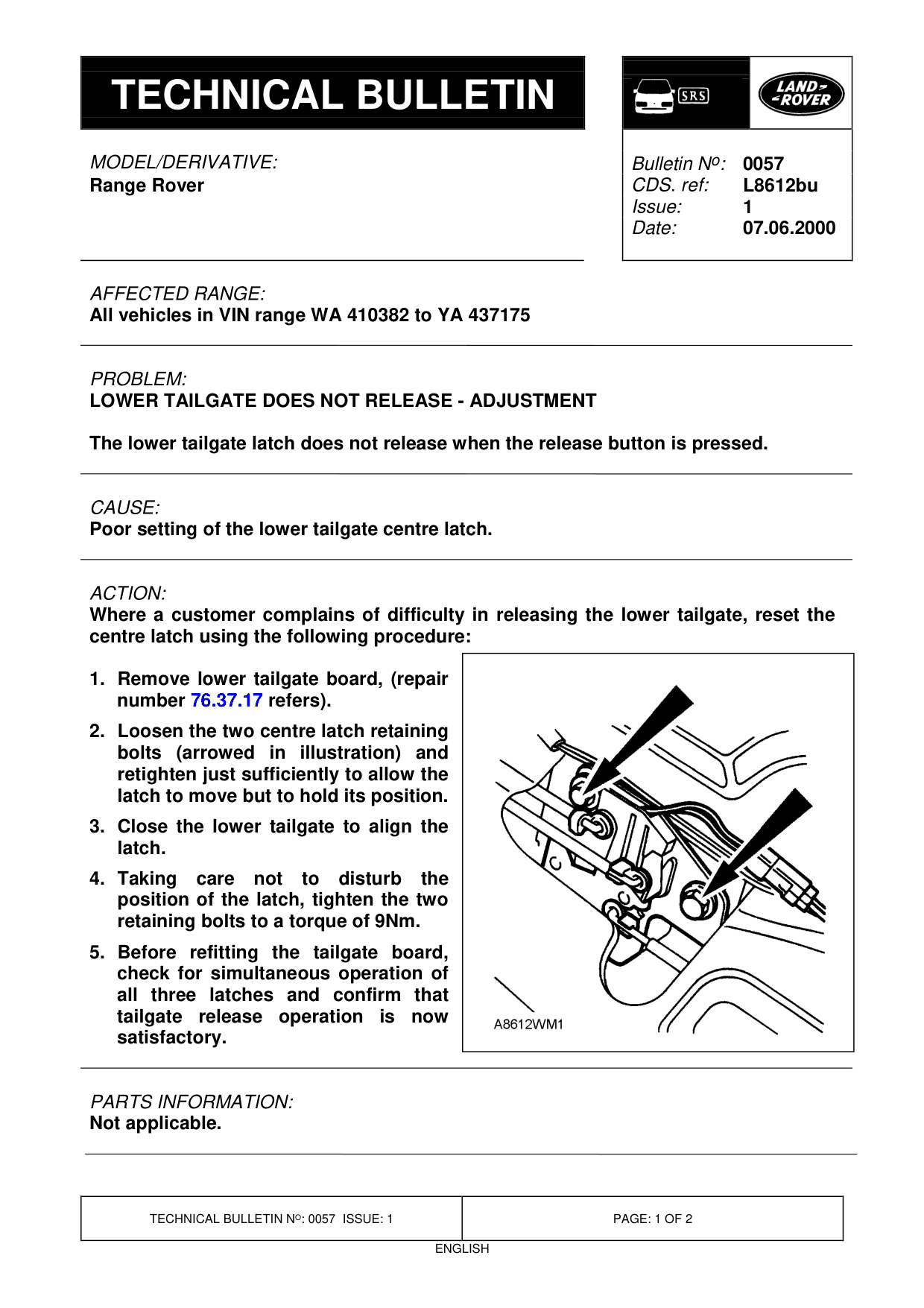 Lower Tailgate Does Not Release - Adjustment – bulletin page 1