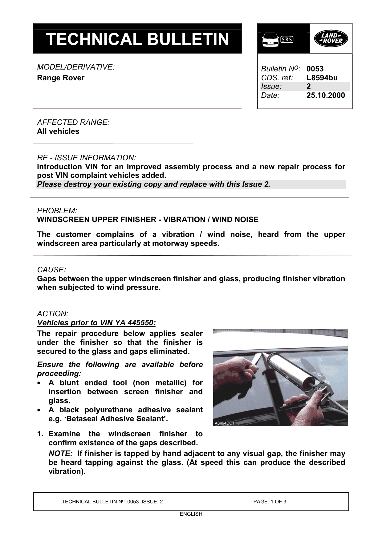 Windscreen Upper Finisher - Vibration / Wind Noise – bulletin page 1