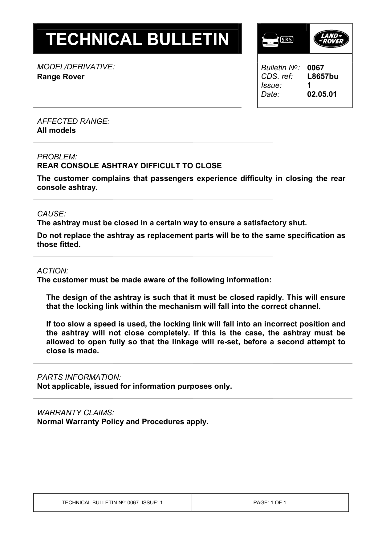 Rear Console Ashtray Difficult To Close – bulletin page 1