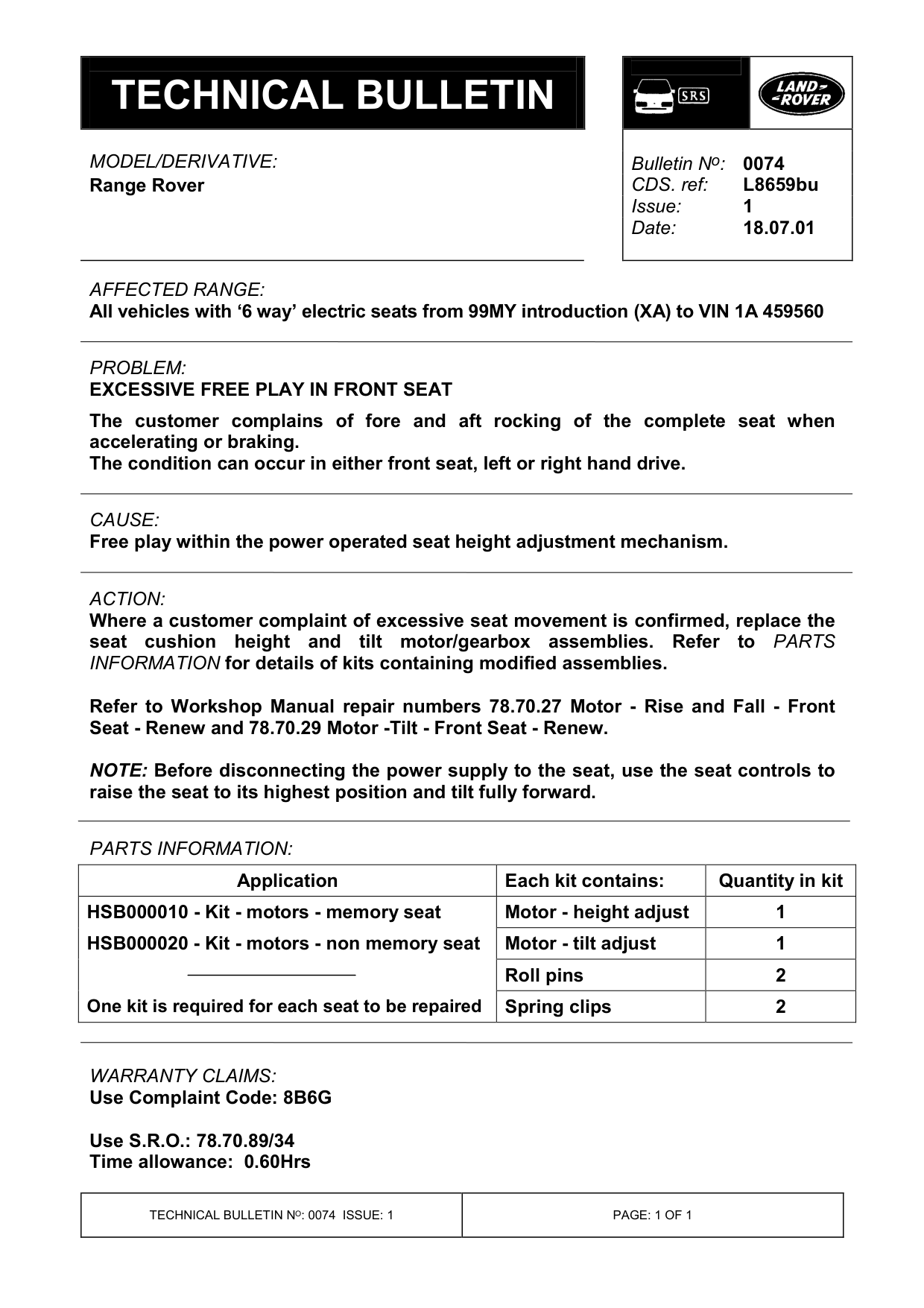 Excessive Free Play In Front Seat – bulletin page 1