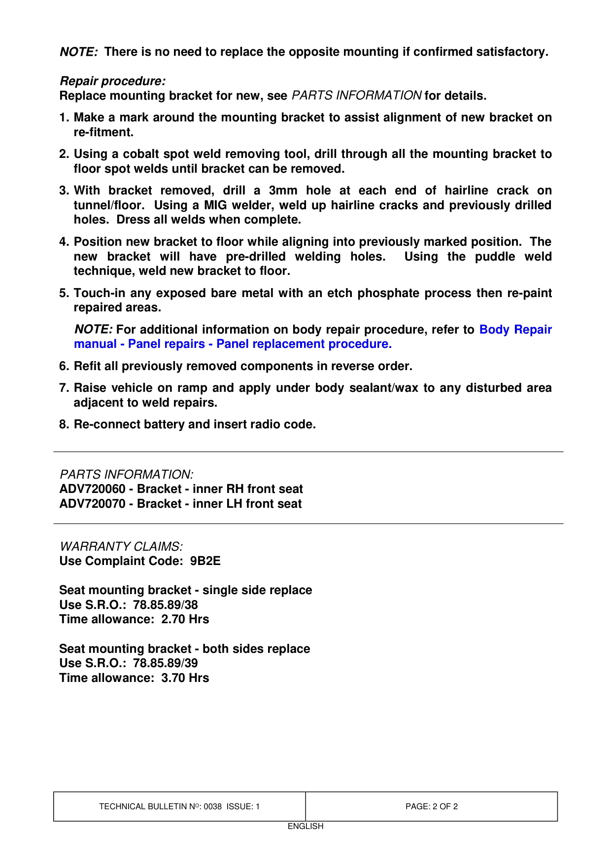 Front Seat Creak - Mounting Bracket – bulletin page 2