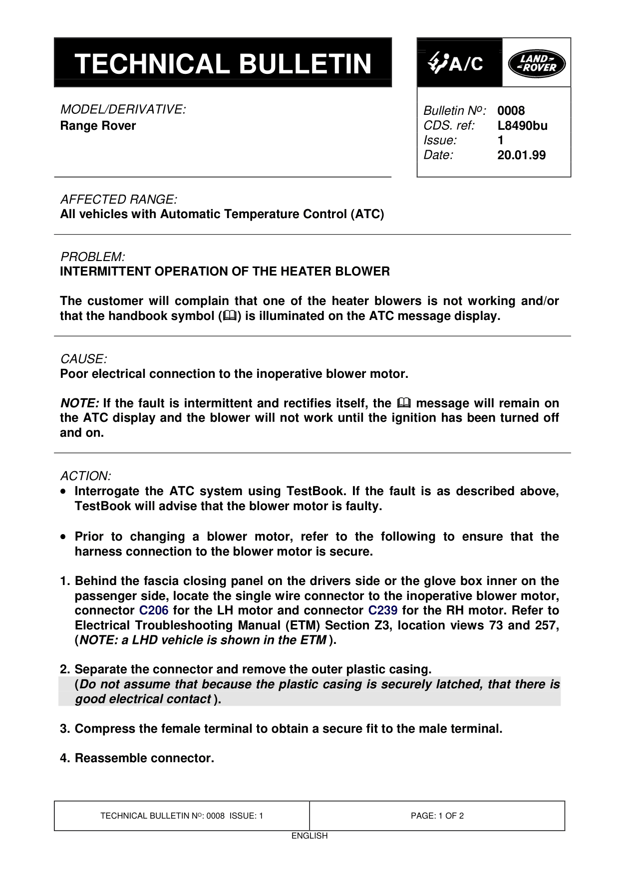 Intermittent Operation Of The Heater Blower – bulletin page 1