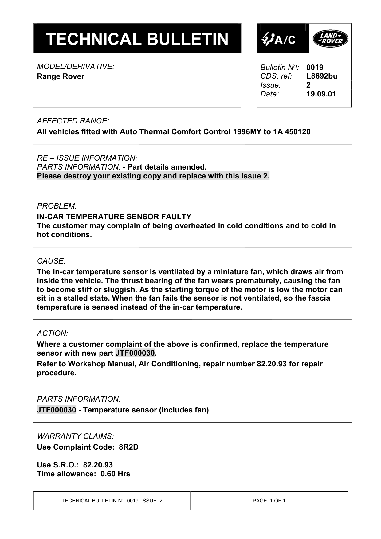 In-Car Temperature Sensor Faulty – bulletin page 1