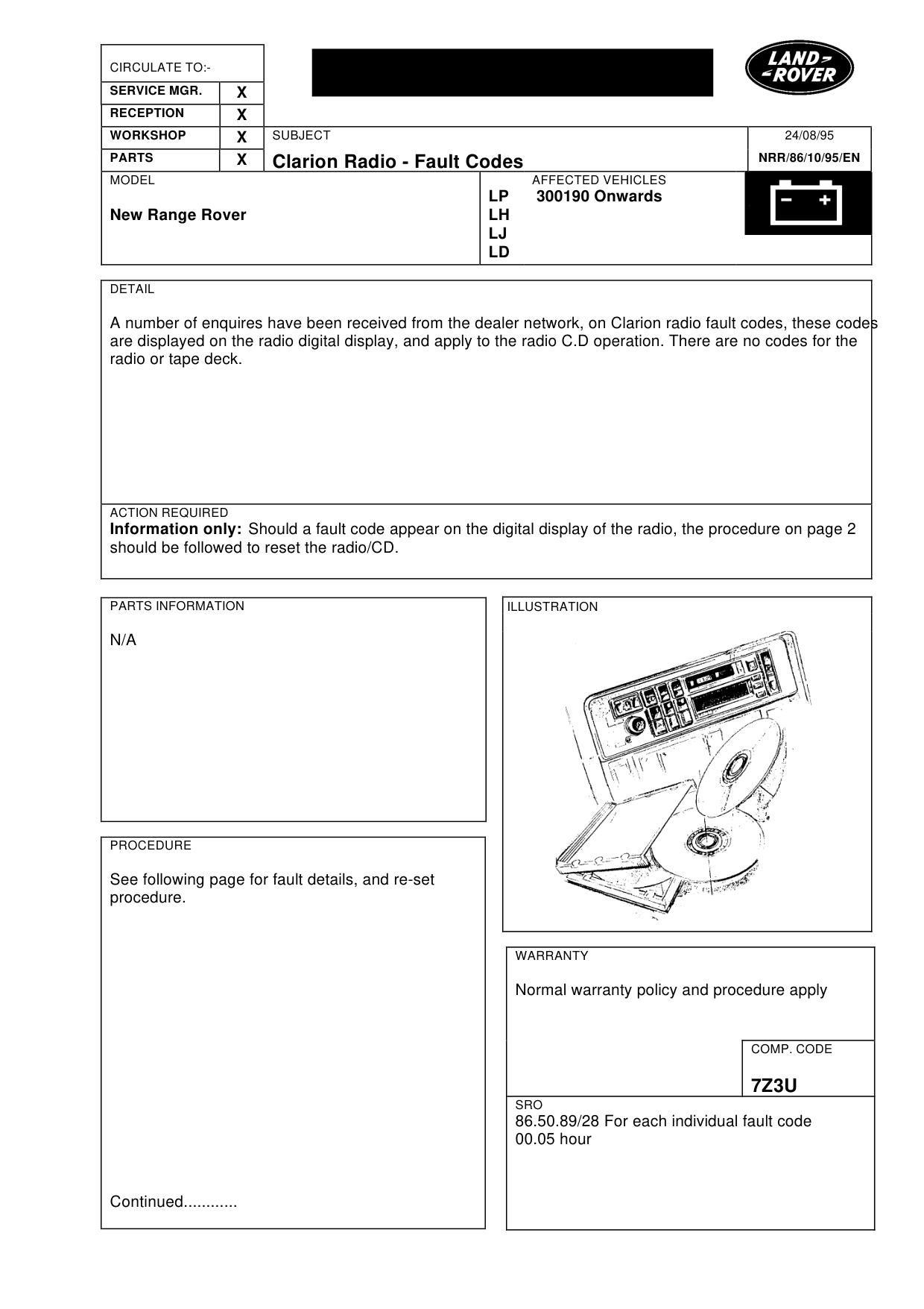 Clarion Radio - Fault Codes – bulletin page 1