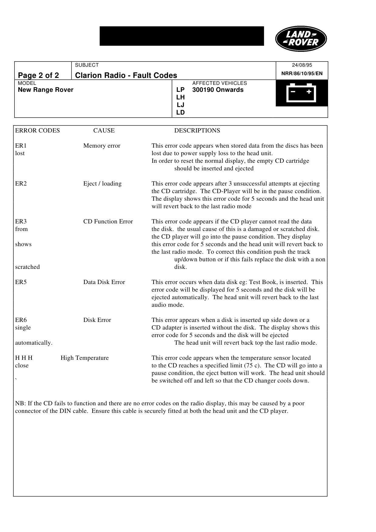 Clarion Radio - Fault Codes – bulletin page 2