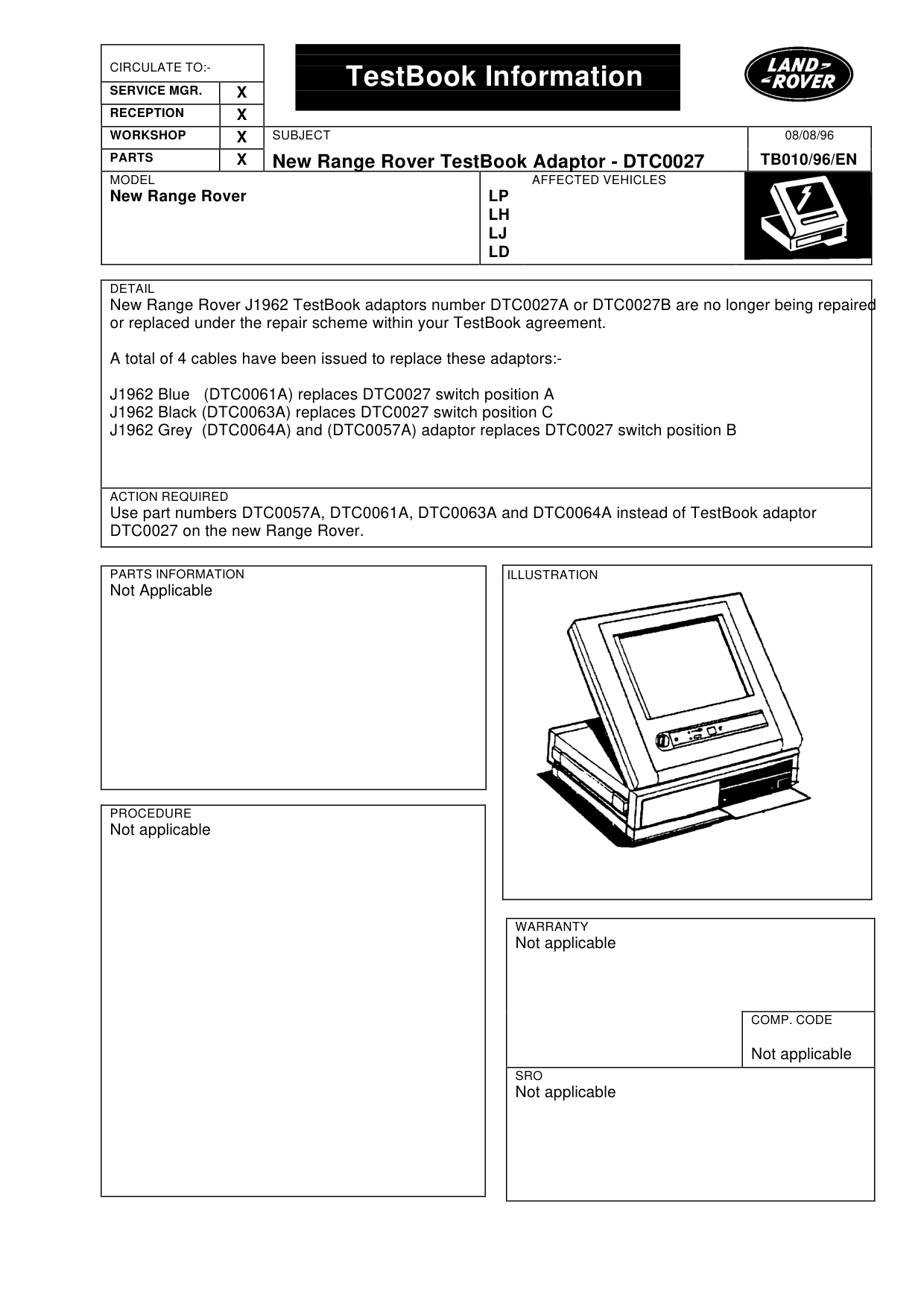 New Range Rover Testbook Adaptor Dtc0027 – bulletin page 1
