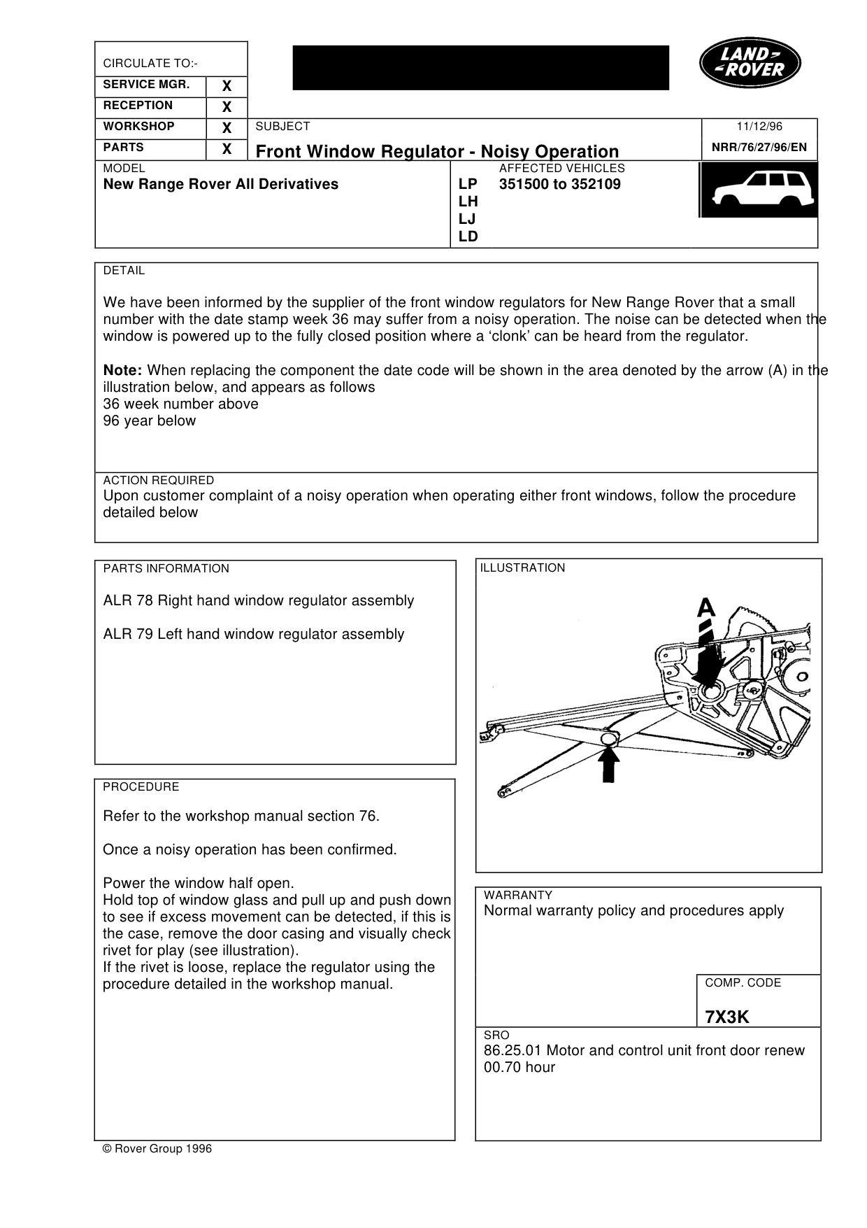 Front Window Regulator Noisy Operation – bulletin page 1