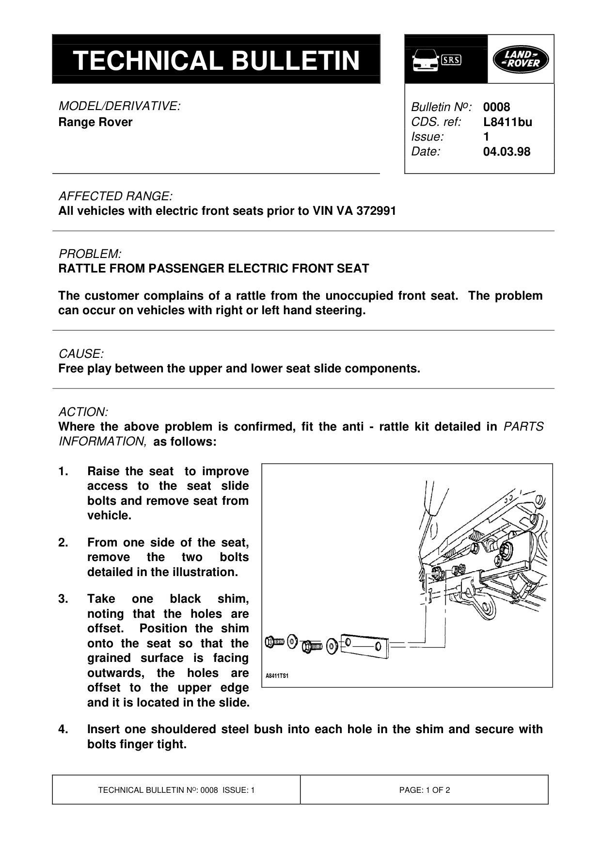Rattle From Passenger Electric Front Seat – bulletin page 1