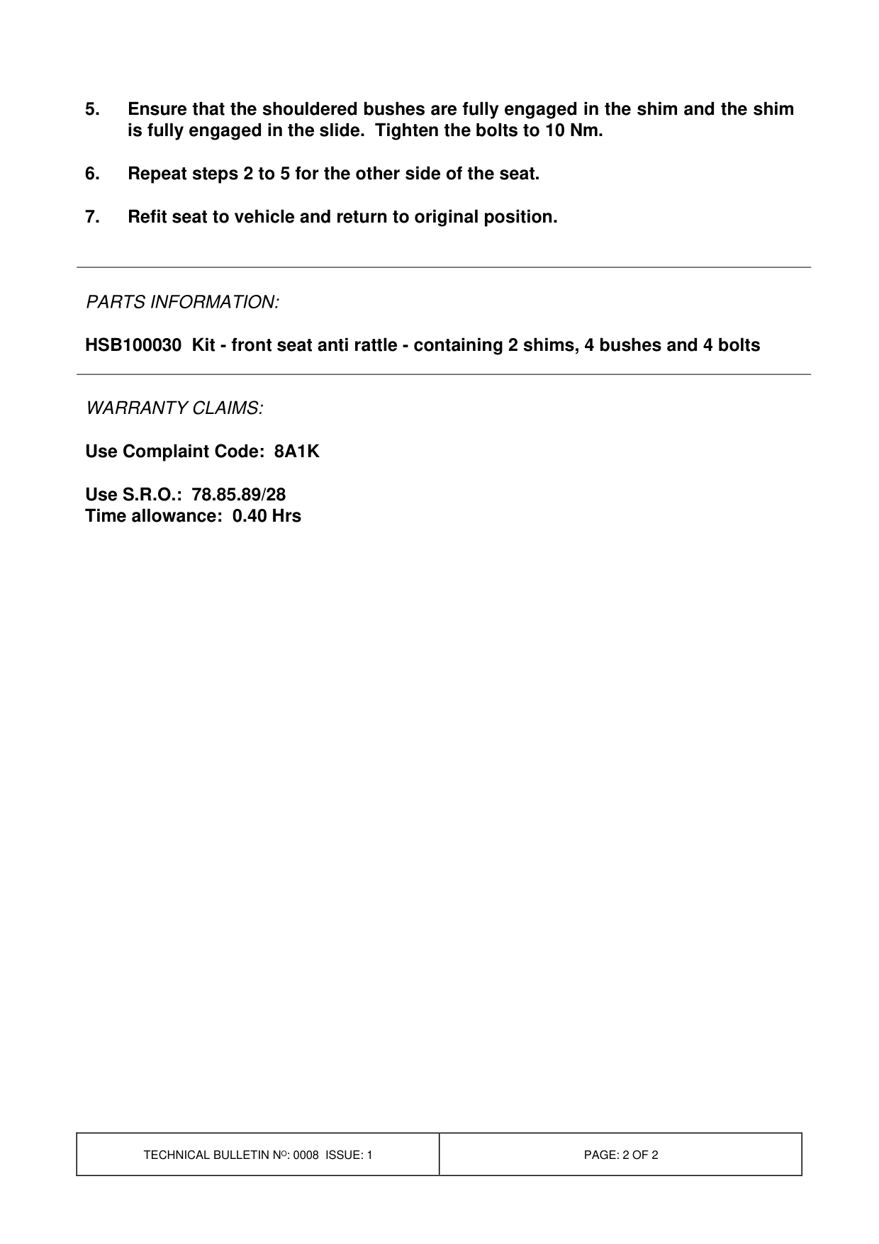Rattle From Passenger Electric Front Seat – bulletin page 2