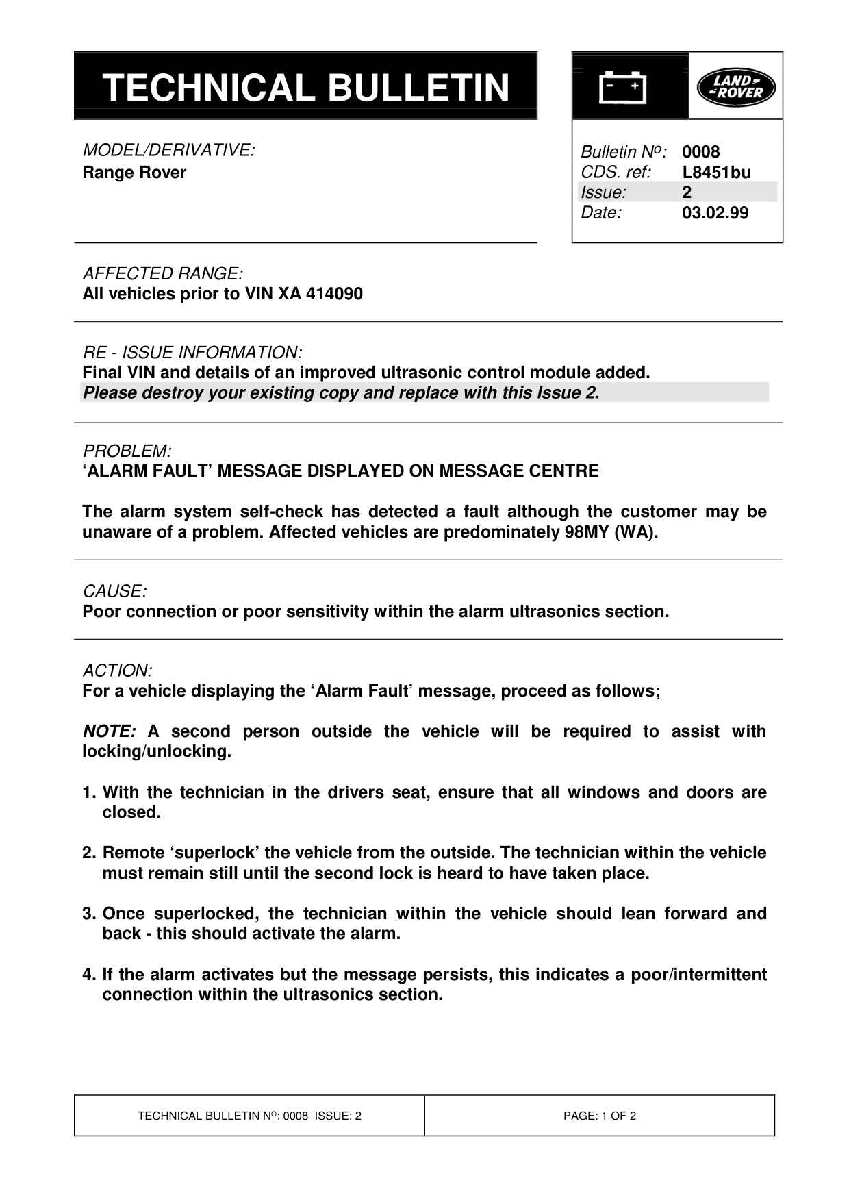 ‘Alarm Fault’ Message Displayed On Message Centre – bulletin page 1