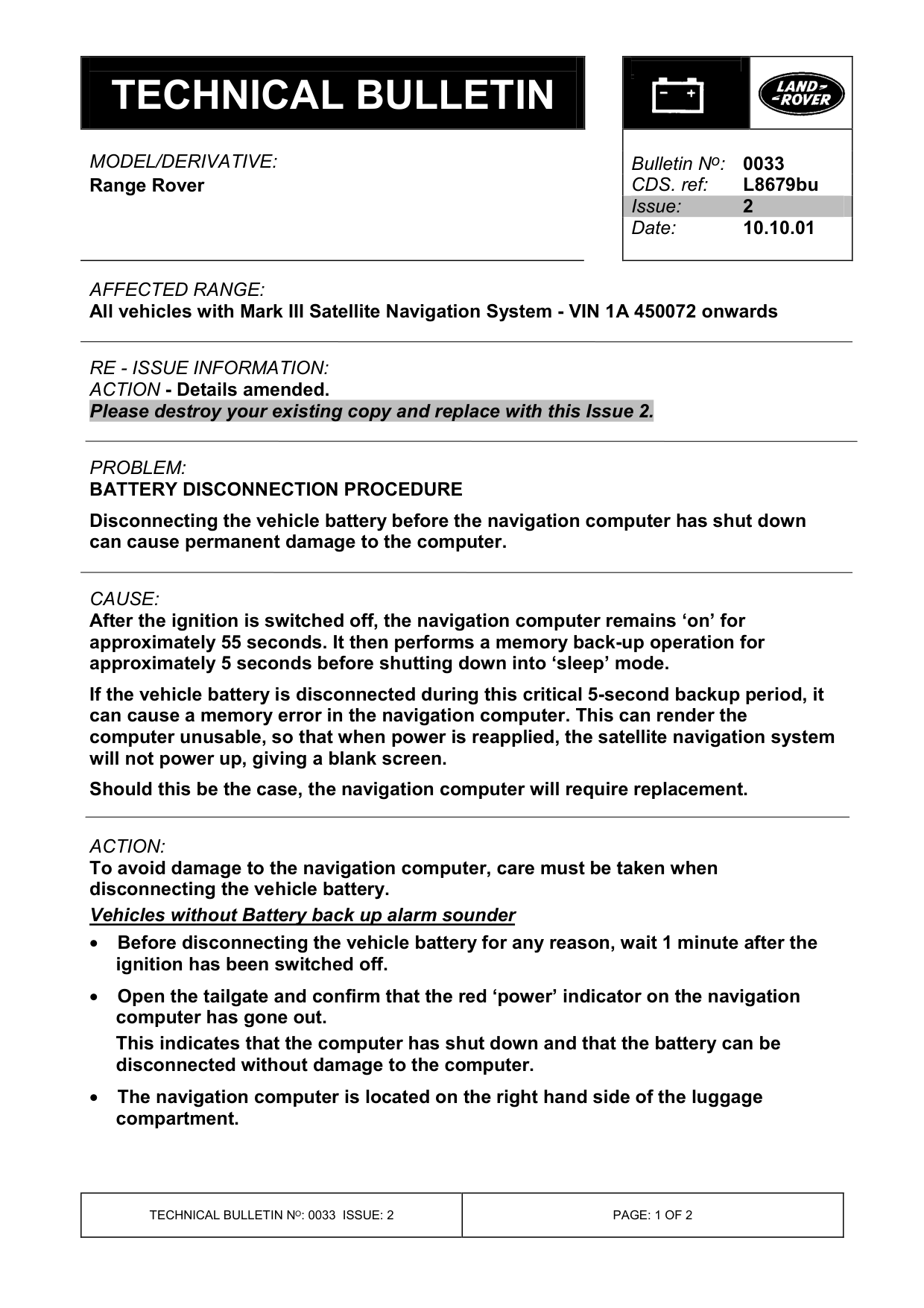 Battery Disconnection Procedure – bulletin page 1