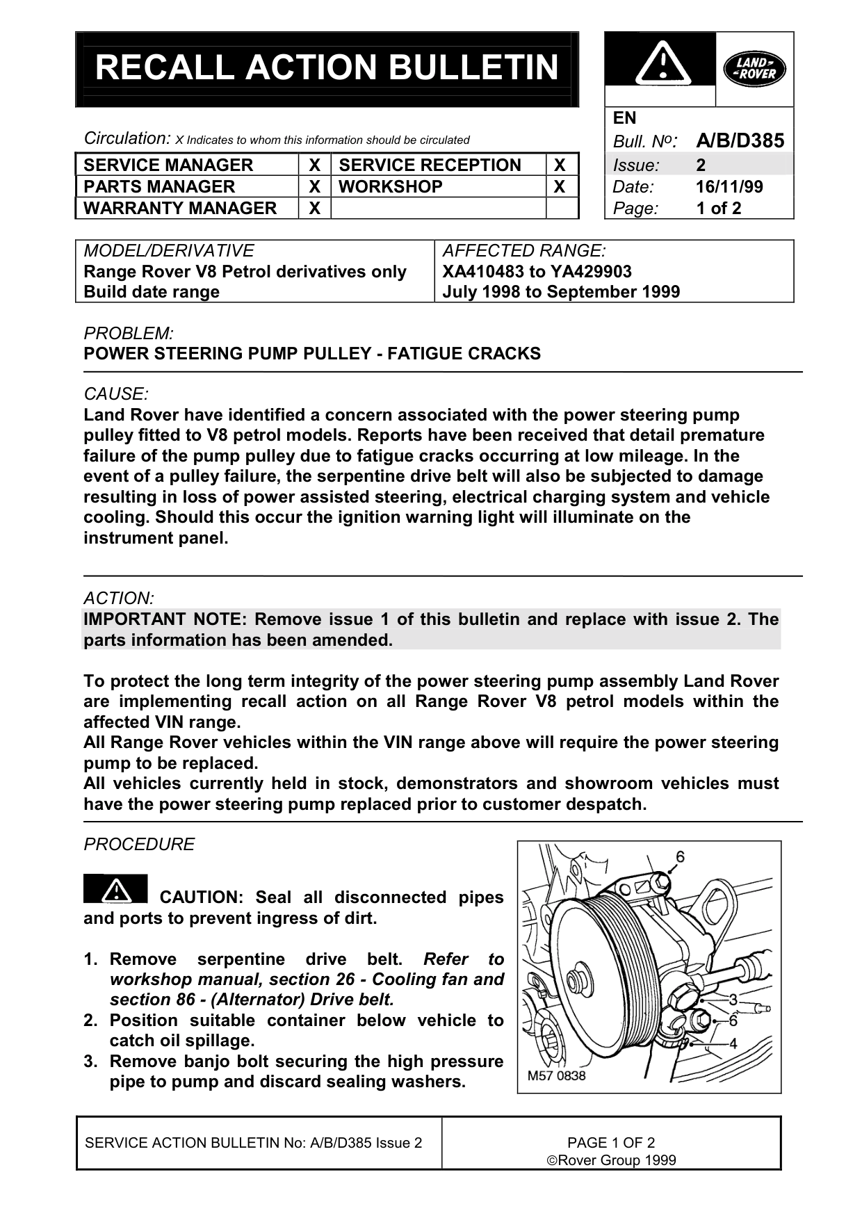 Power Steering Pump Pulley - Fatigue Cracks – bulletin page 1